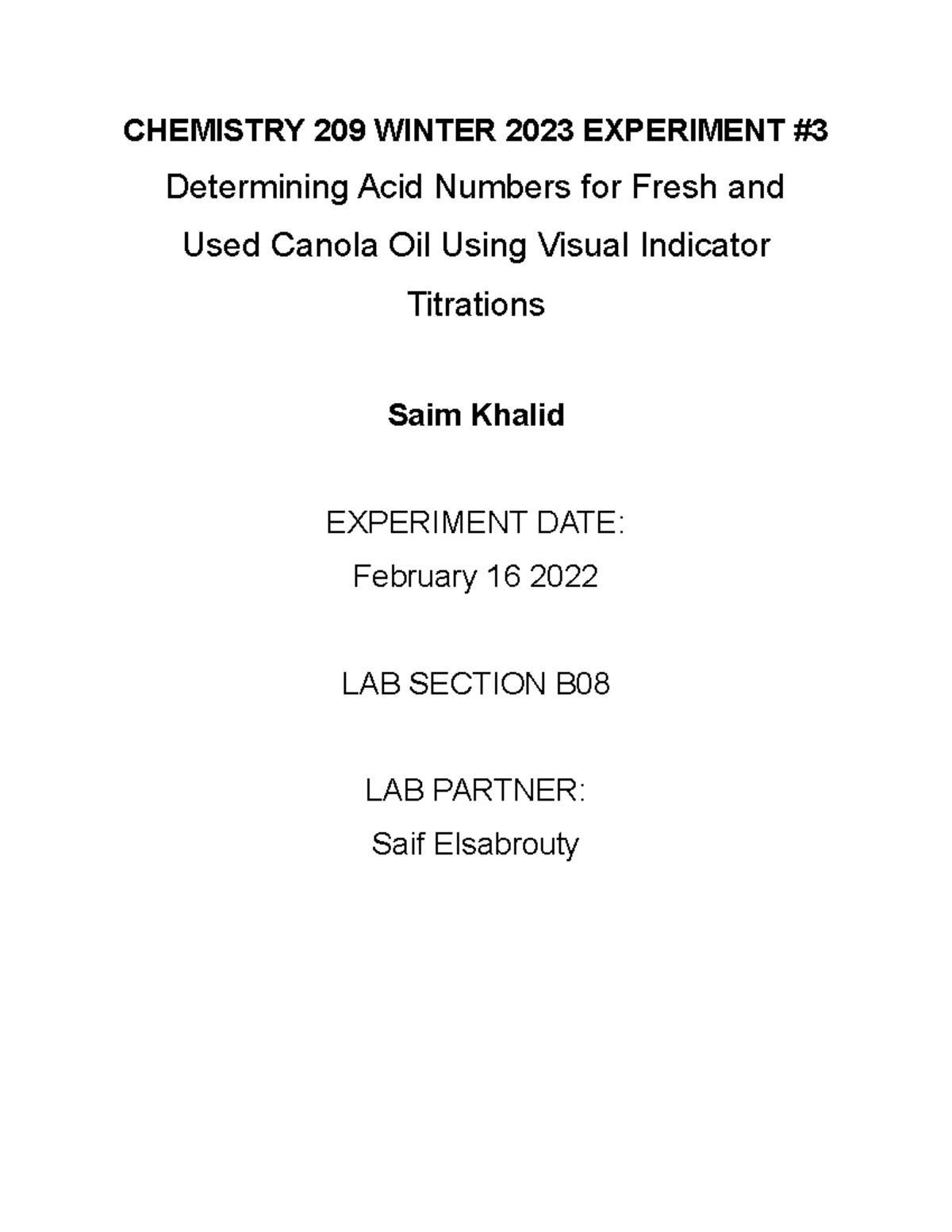 CHEM 209 LAB #3 - CHEM 209 EXPERIMENT #3 - CHEMISTRY 209 WINTER 2023 ...