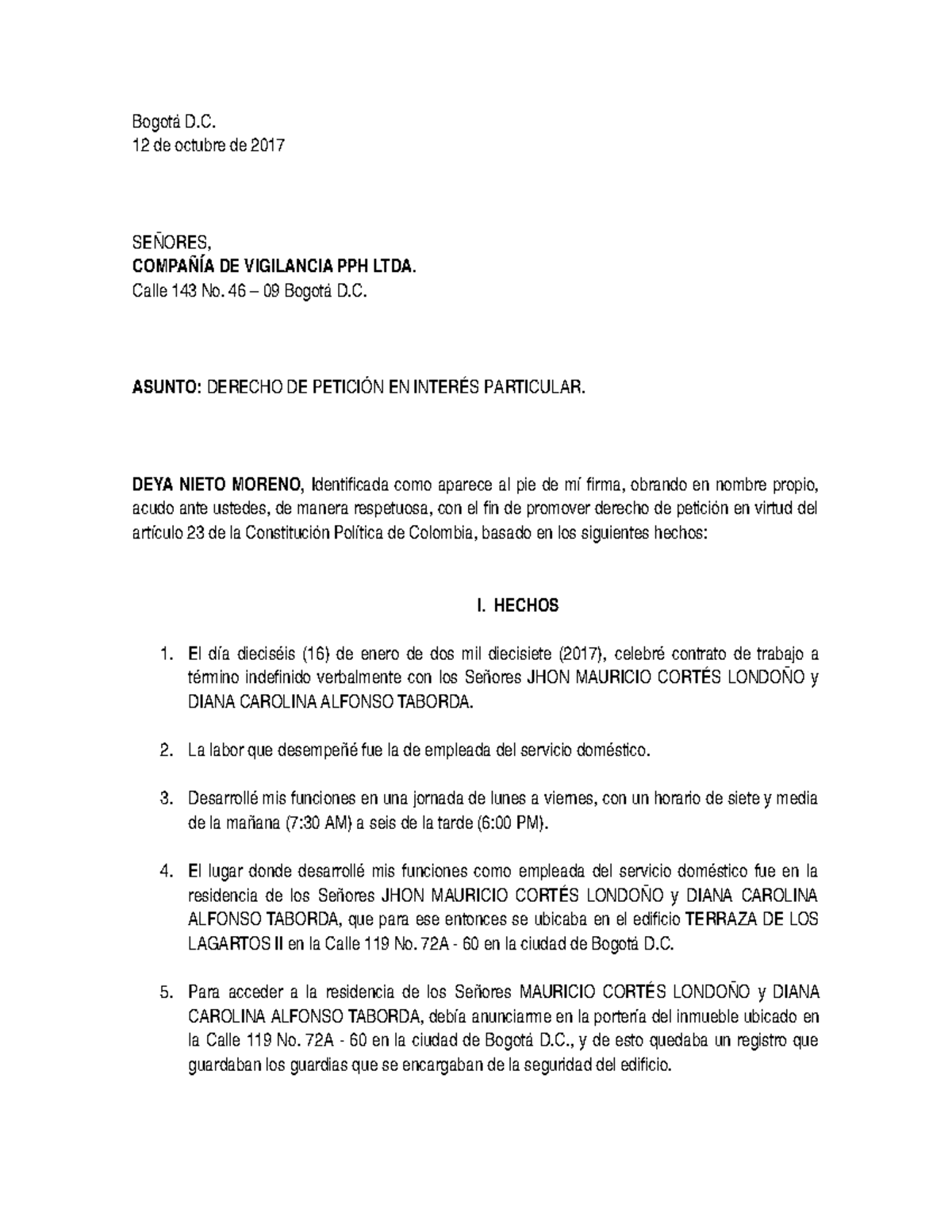 Derecho De Peticion Deya Nieto Moreno 10 Octubre De 17 Compania De Studocu