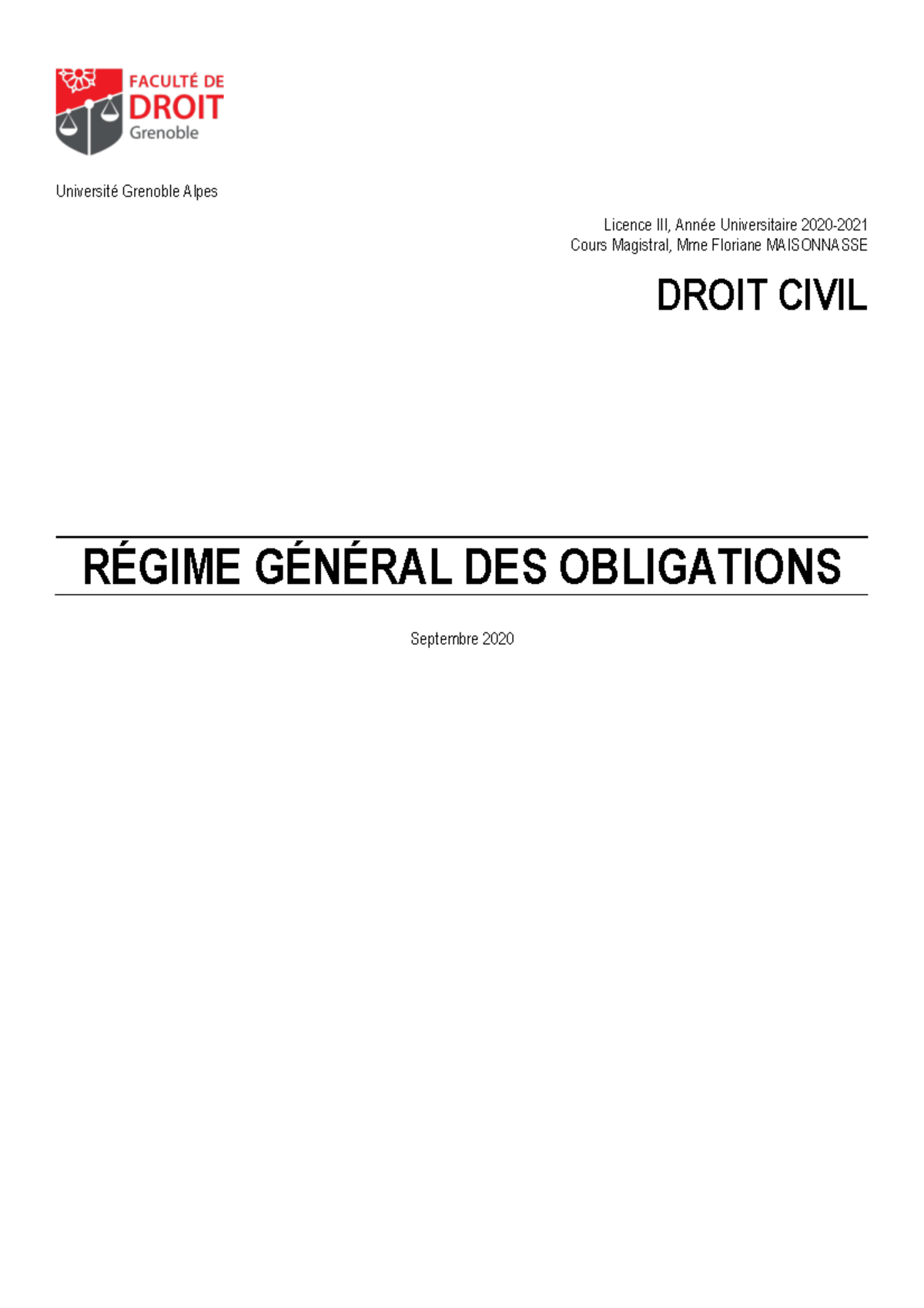 Droit Civil Régime Général des Obligations Université Grenoble