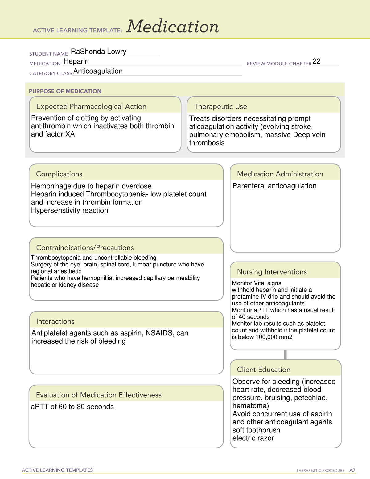 Heparin ATI template ACTIVE LEARNING TEMPLATES TherapeuTic