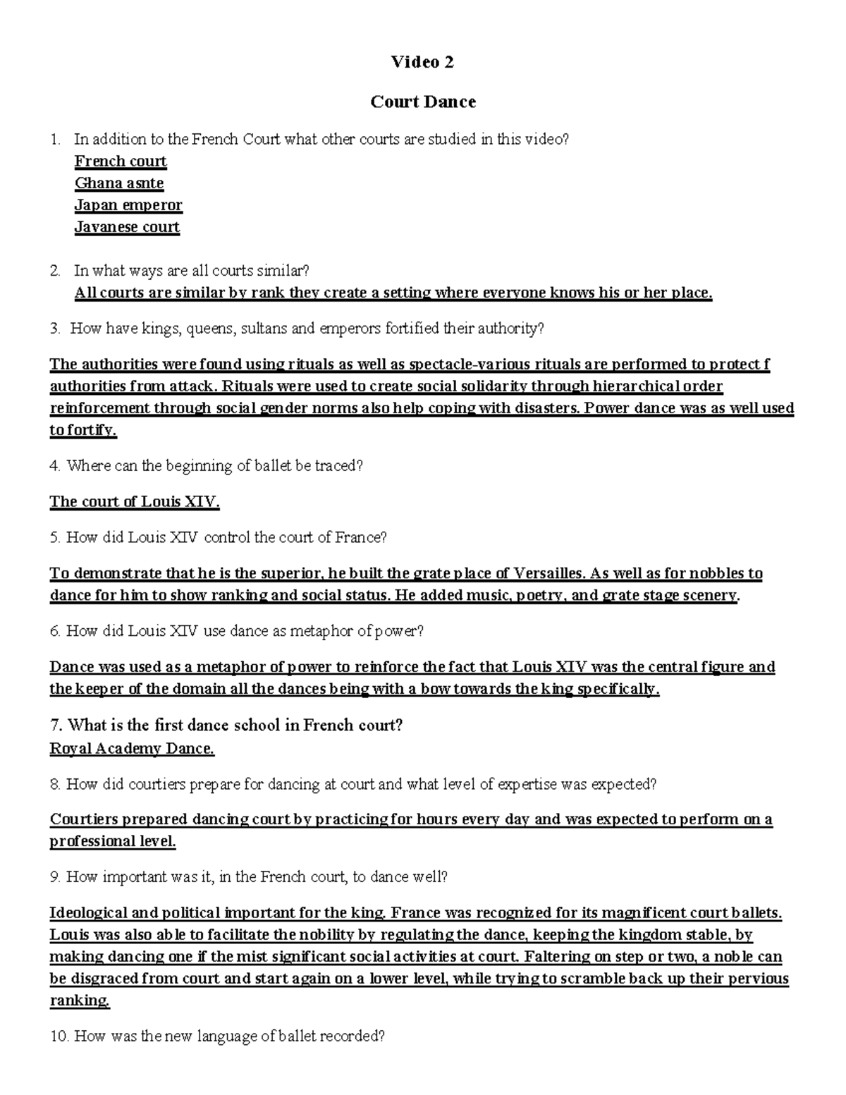 Ch22. Video question Video 2 Court Dance In addition to the French