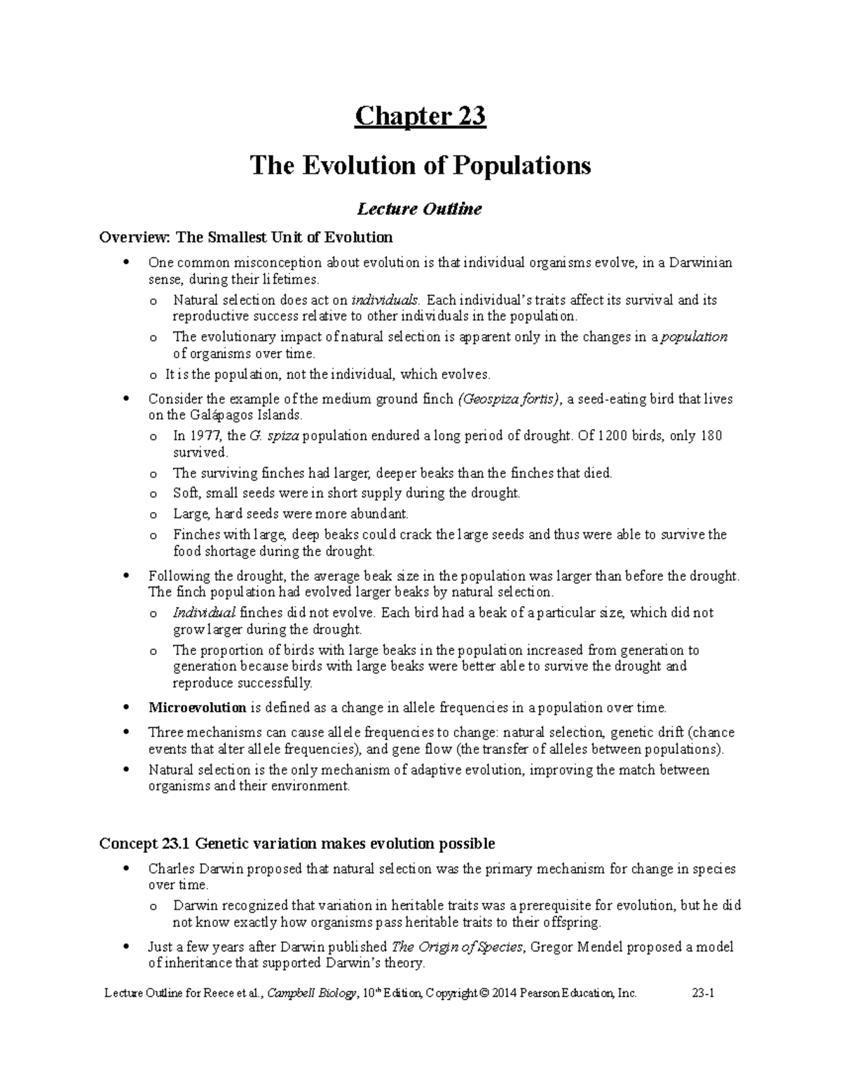 Ch 23 Outline - Chapter 23 The Evolution of Populations Lecture Outline ...