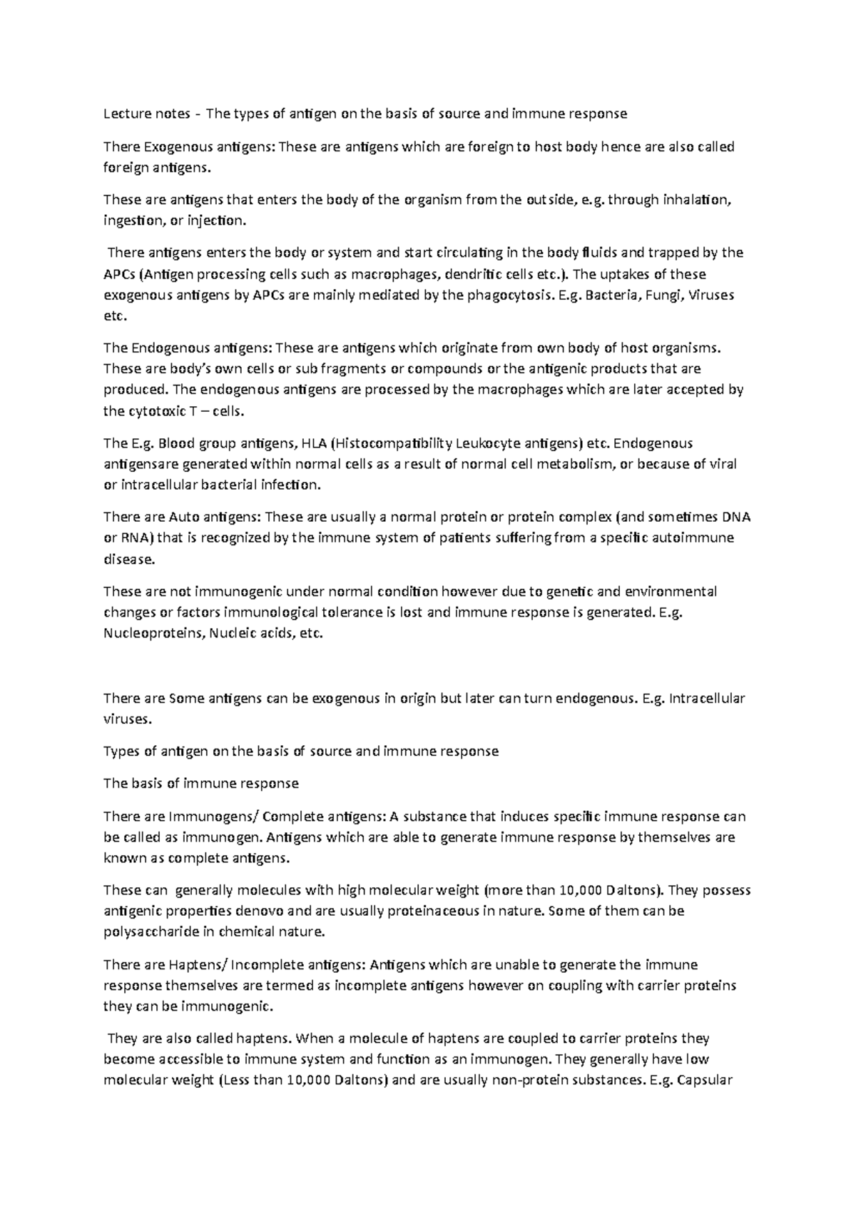 Lecture notes - The types of antigen on the basis of source and immune ...
