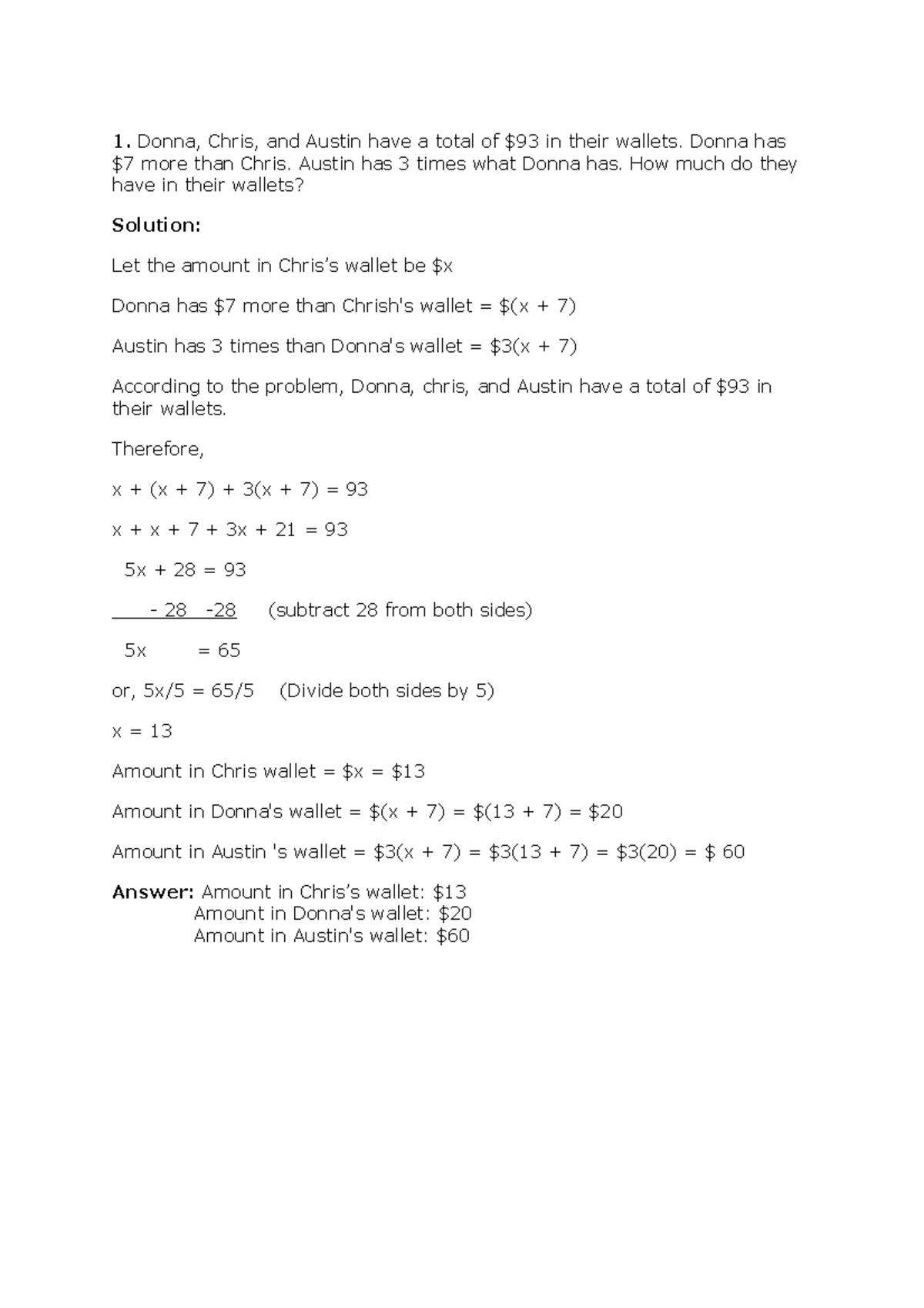 Algebra Word Problems – Money - 1. Donna, Chris, and Austin have a ...