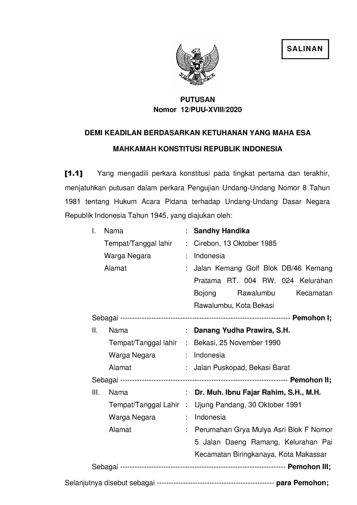 Putusan Mkri 6860 - SALINAN PUTUSAN Nomor 12/PUU-XVIII/ DEMI KEADILAN ...