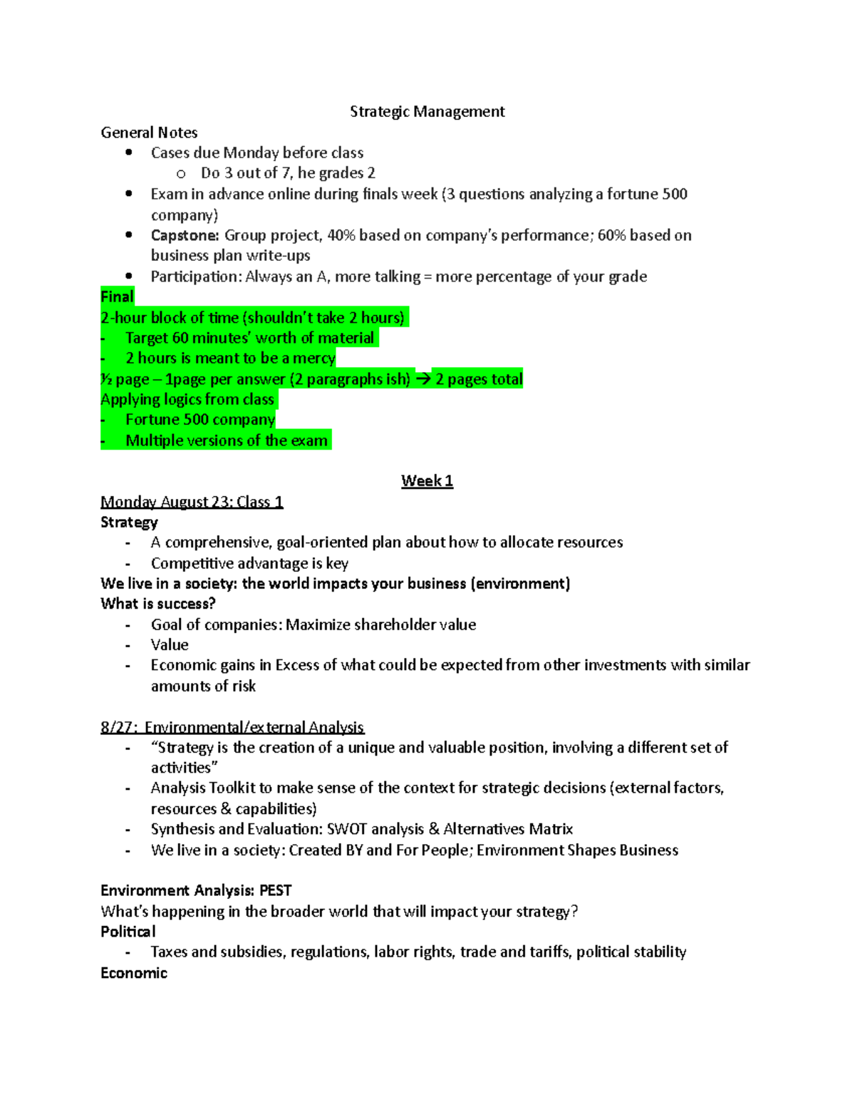 Strategic Management Full notes from every class. I was a peer