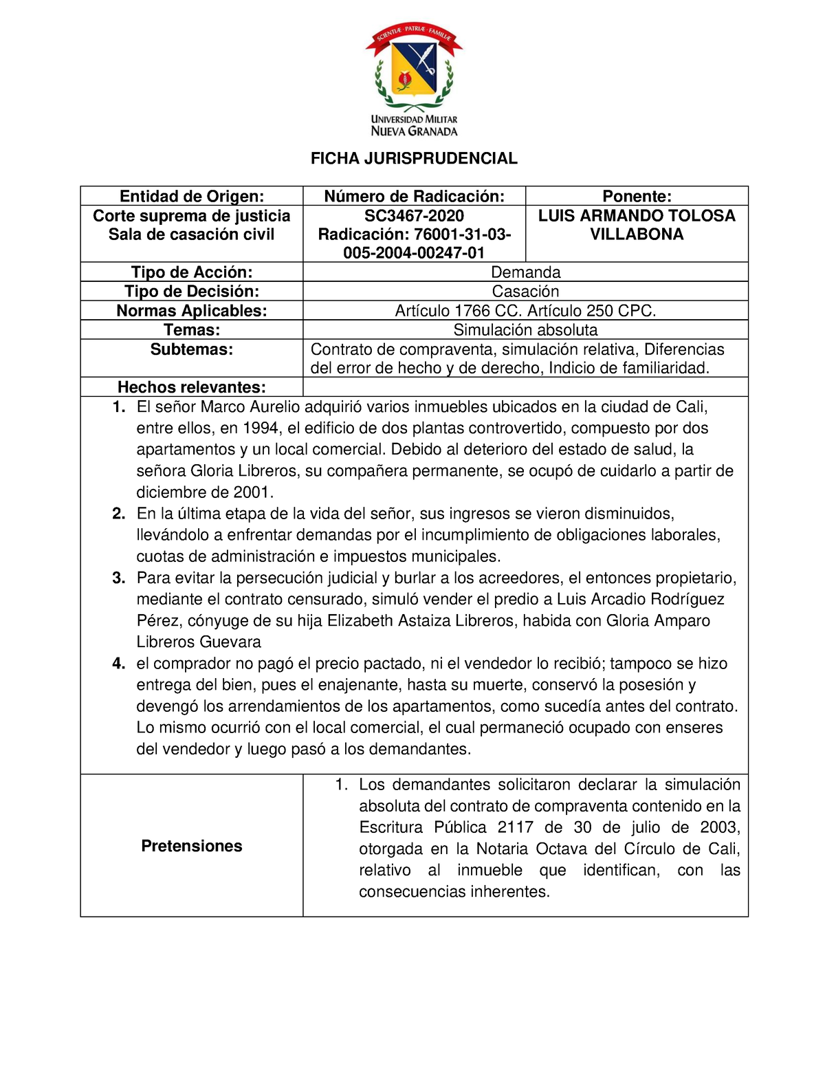 Ficha Jurisprudencial SC3467-2020 - FICHA JURISPRUDENCIAL Entidad De ...