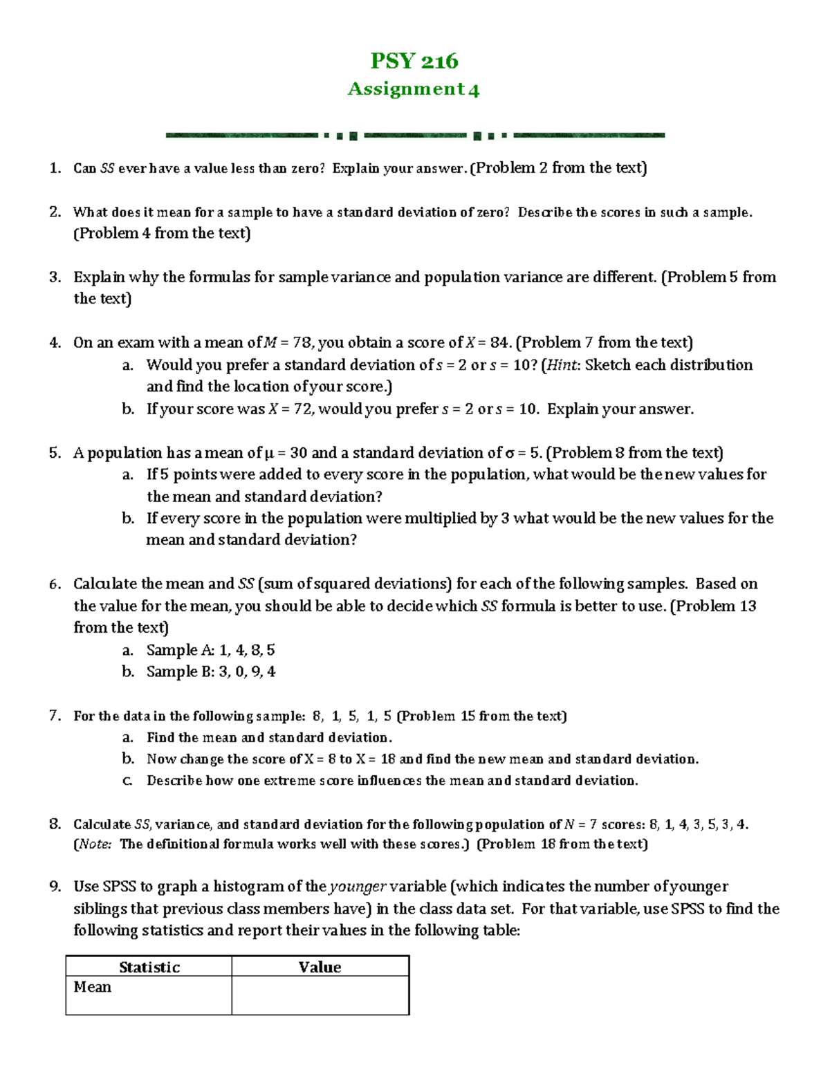 Psy216 2016 2017 Assignment 4 Variability Psy 216 Assignment 4 Can Ss Ever Have A Value Less Studocu