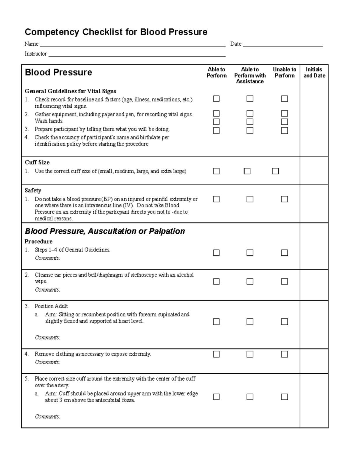 Competency Checklist for Blood Pressure ) influencing vital signs