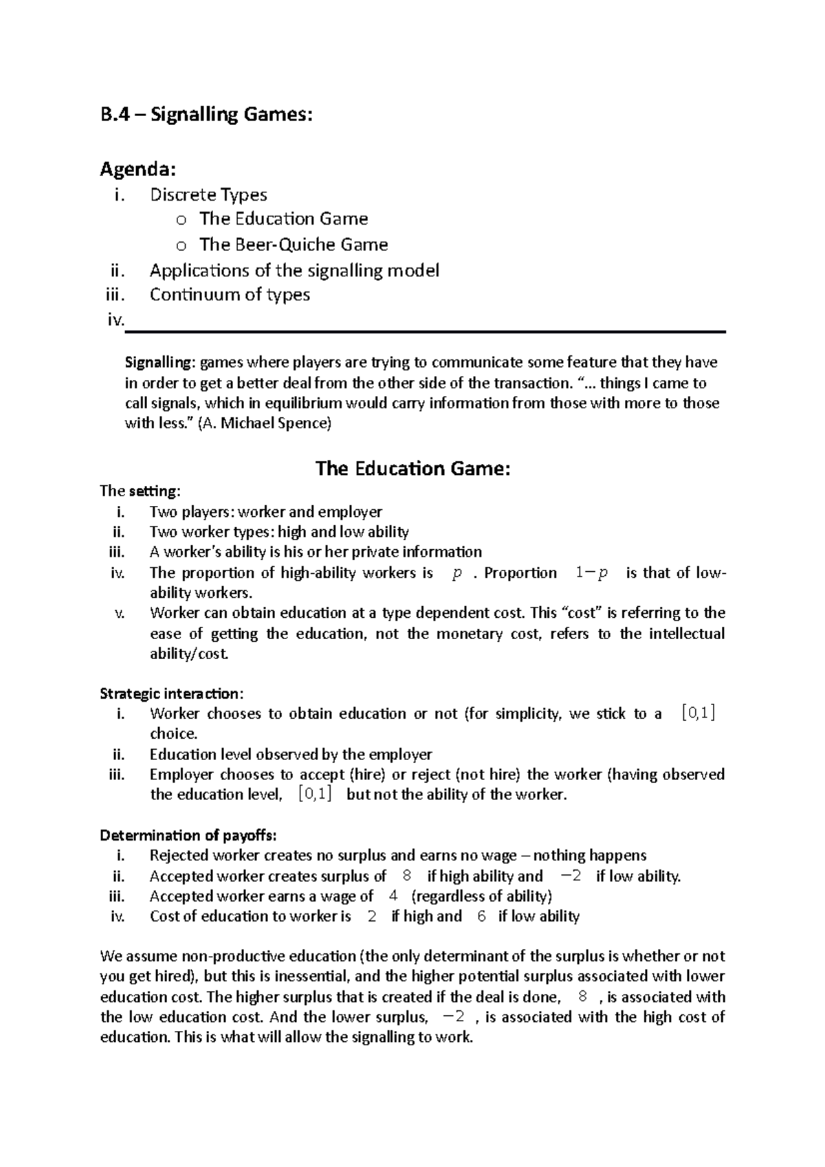 B.4 topic lecture notes - B Signalling Games: Agenda: i. ii. iv ...