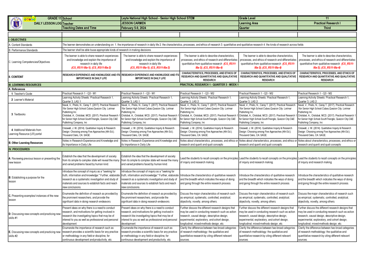 DLL PR 1 WK 1 - Summary Methods of Research - GRADE 11 DAILY LESSON LOG ...