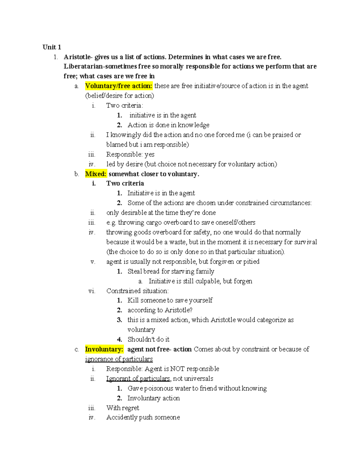 PHIL 279: exam one study guide - Unit 1 1. Aristotle- gives us a list ...