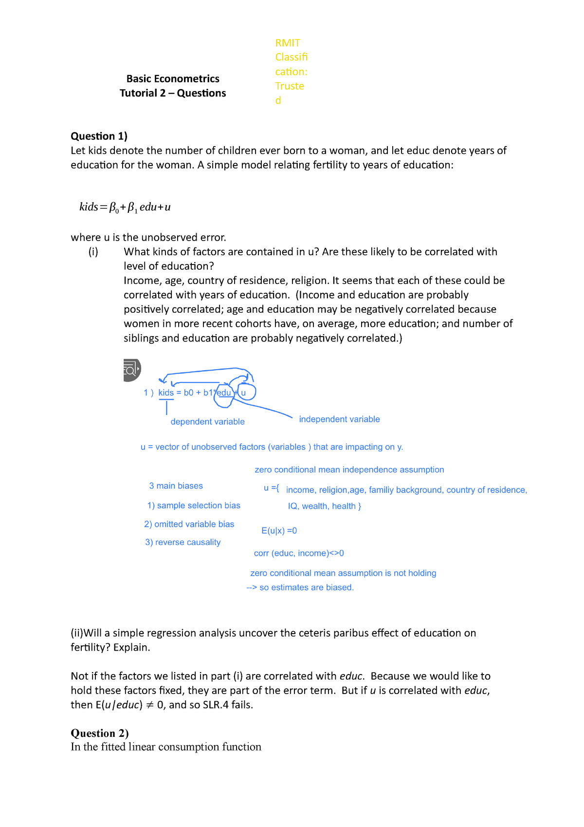 ECON1066 Tutorial 2 Questions - Basic Econometrics Tutorial 2 ...