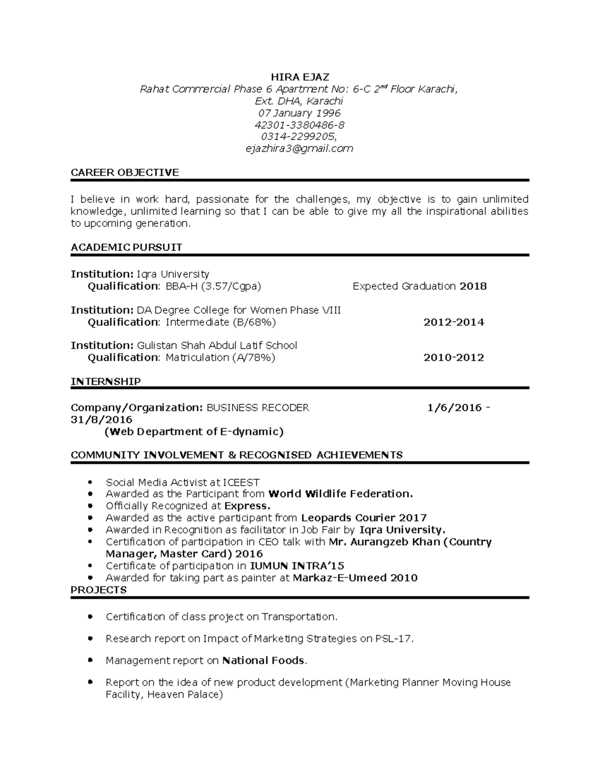 Resume Hira Ejaz - Lecture notes 2 - HIRA EJAZ Rahat Commercial Phase 6 ...