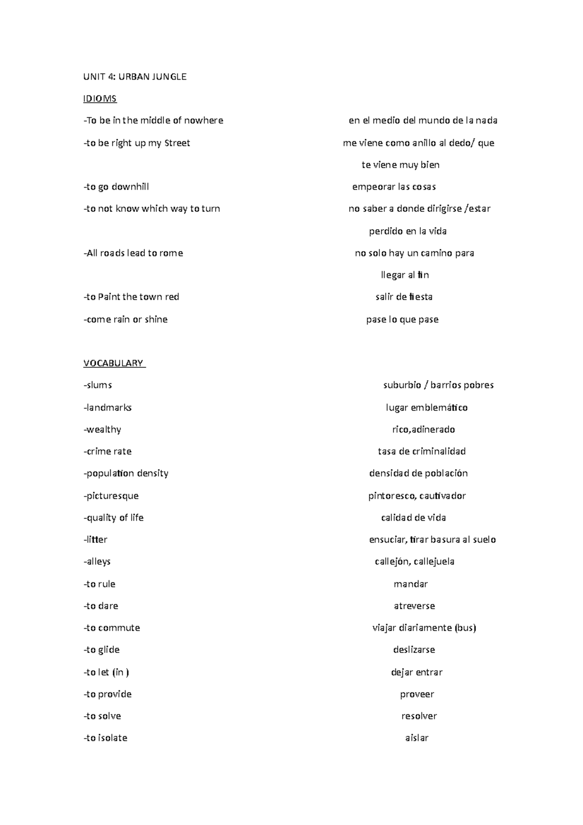 Alicia vocabulary YES UNIT 4 URBAN JUNGLE IDIOMS To be in the middle of nowhere en el