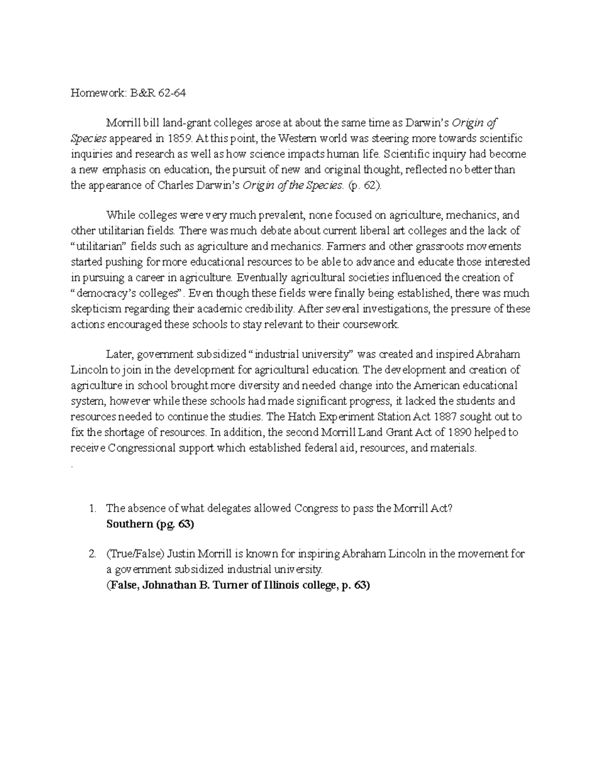 SQBR4 assignment Homework B&R 62 Morrill bill landgrant colleges