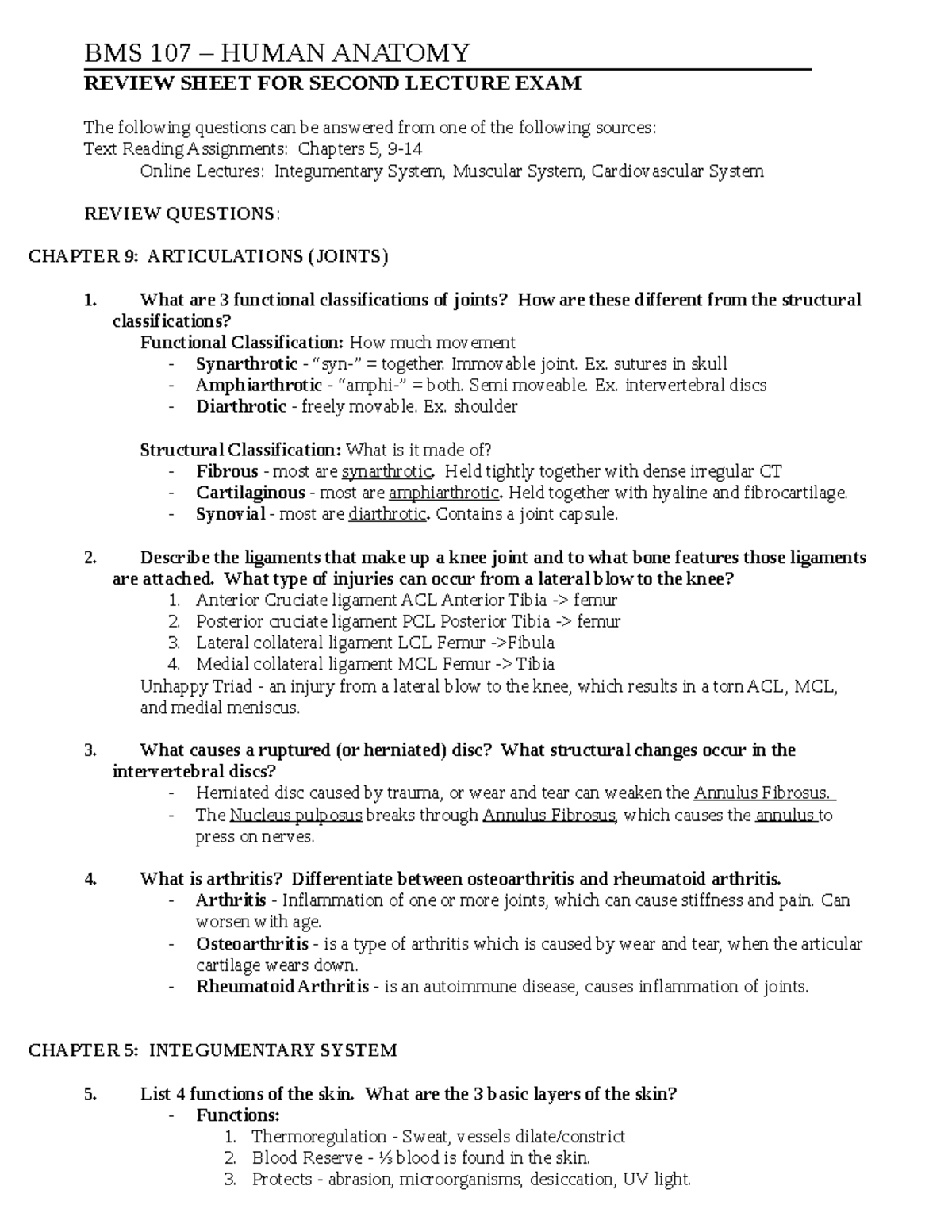 Study Guide 2 BMS 107 HUMAN ANATOMY REVIEW SHEET FOR SECOND LECTURE