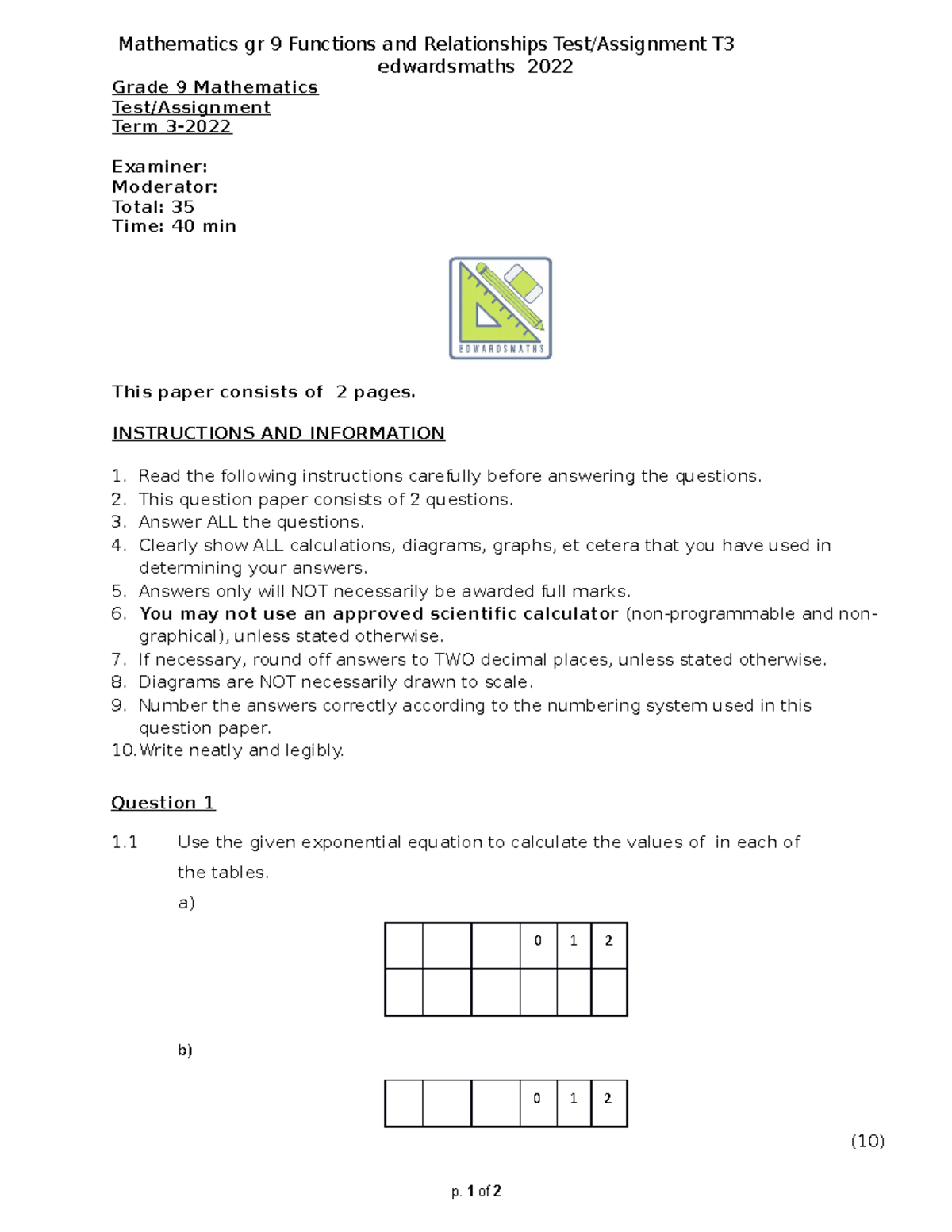 Gr 9 Edwardsmaths Test or Assignment Functions and Relationships T3 ...