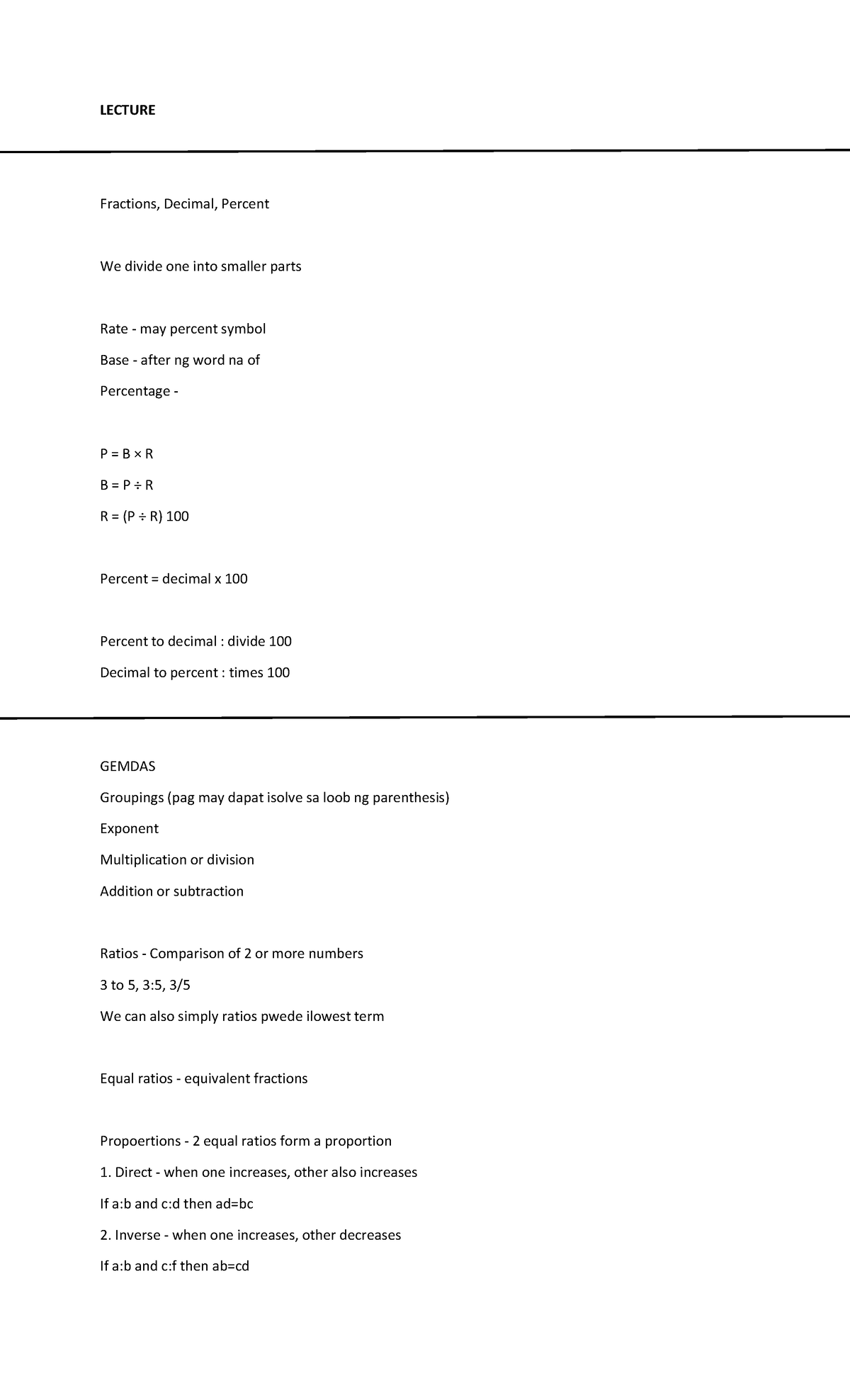 Busmath- Lecture - LECTURE Fractions, Decimal, Percent We divide one ...