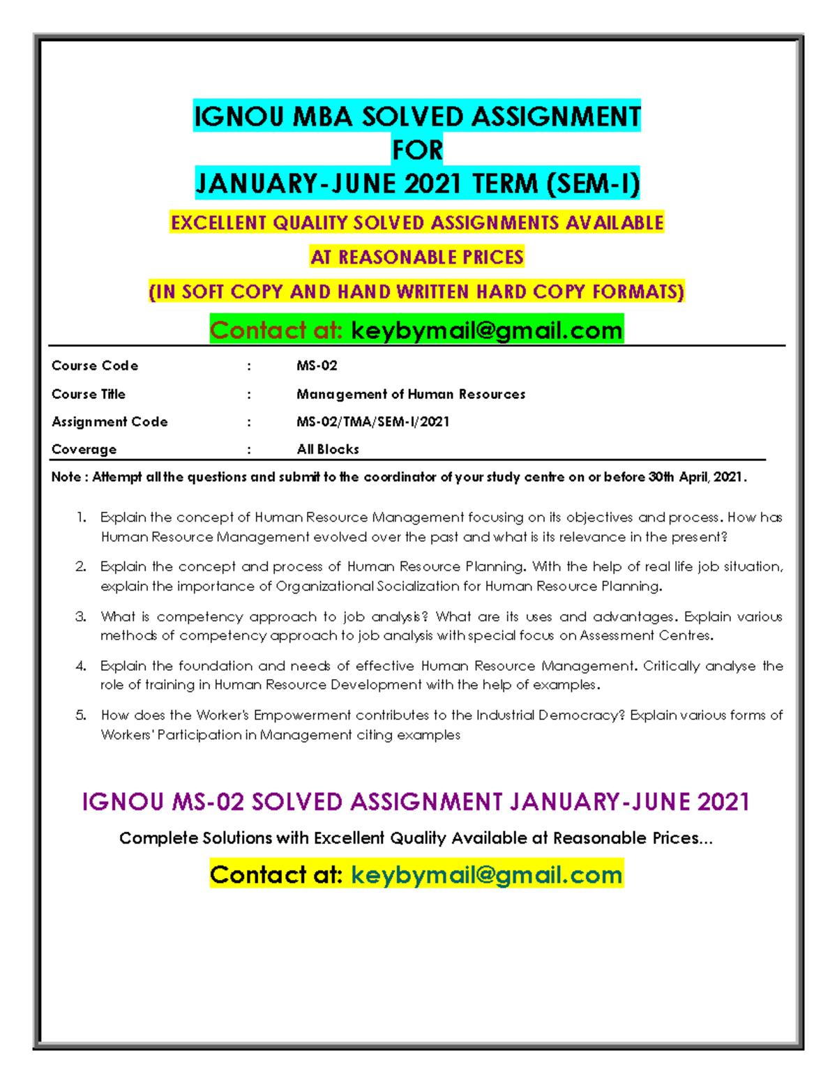 MS-02 (JAN-JUNE 2021) Management of Human Resources Solved Assignment ...