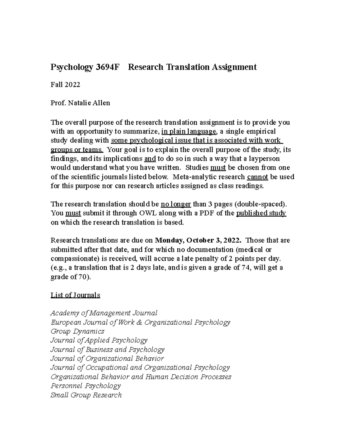 Psych 3694F 2022 Research Translation Psychology 3694F Research Translation Assignment Fall