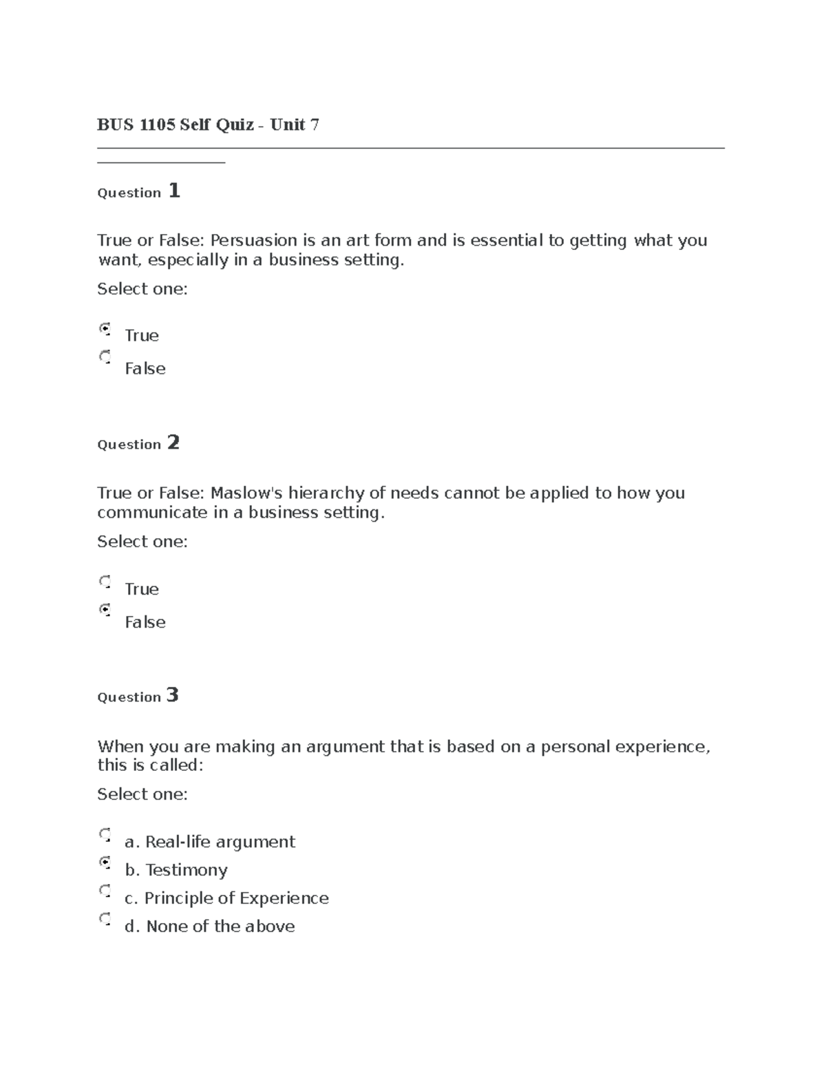 BUS 1105 Self Quiz - Unit 6 - BUS 1105 Self Quiz - Unit 7 Question 1 ...
