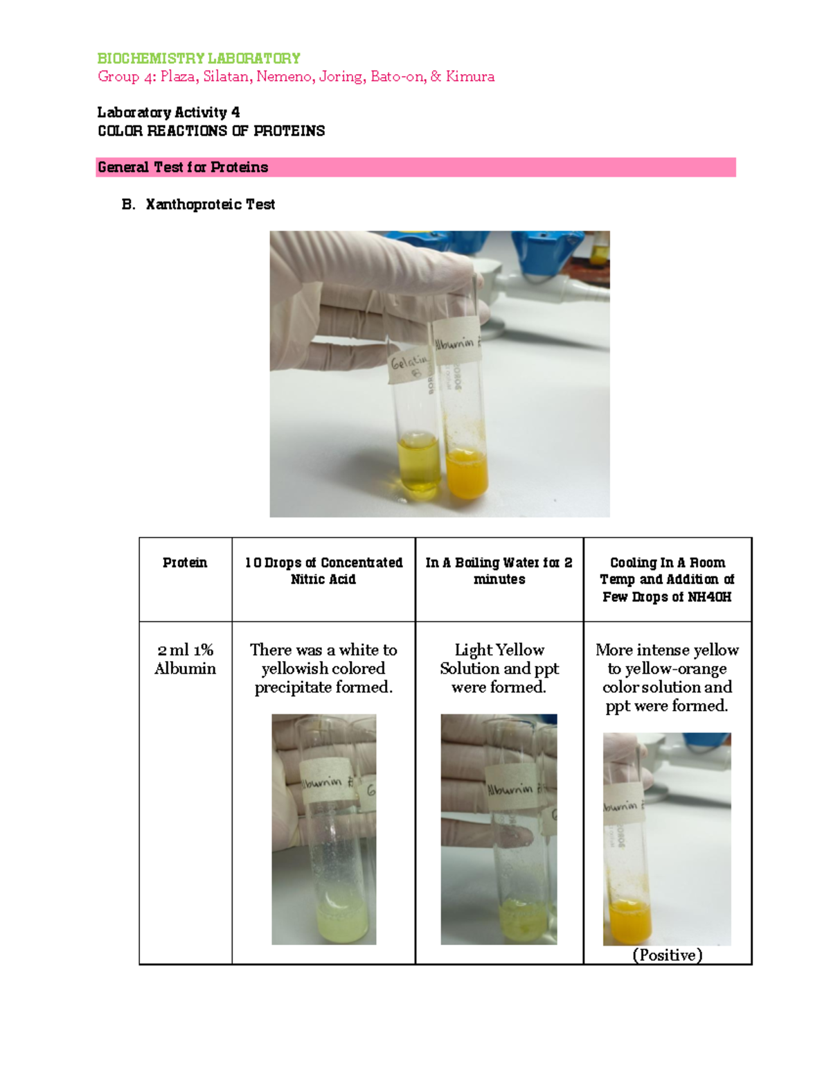 B. Xanthoproteic Test accsc BIOCHEMISTRY LABORATORY Group 4 Plaza