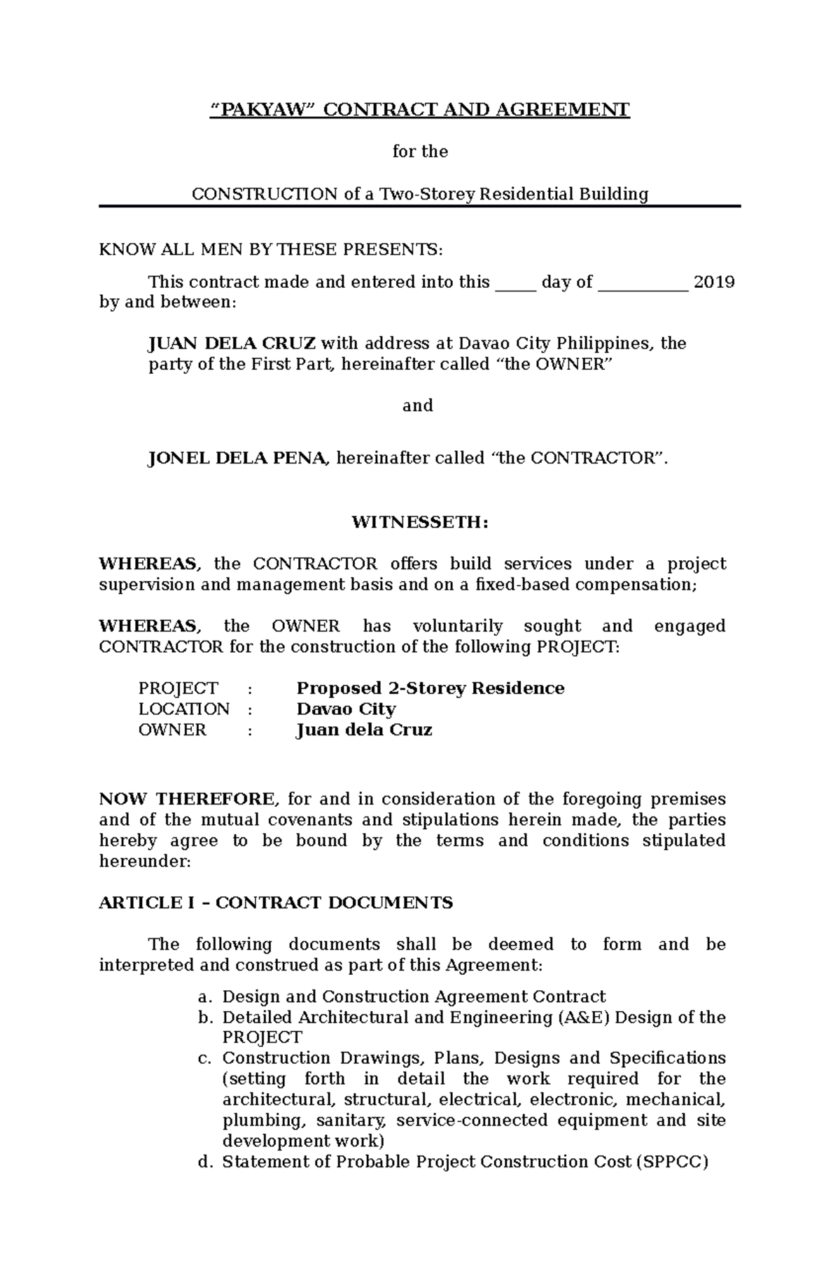 Pakyaw Contract AND Agreement for the C - “PAKYAW” CONTRACT AND ...