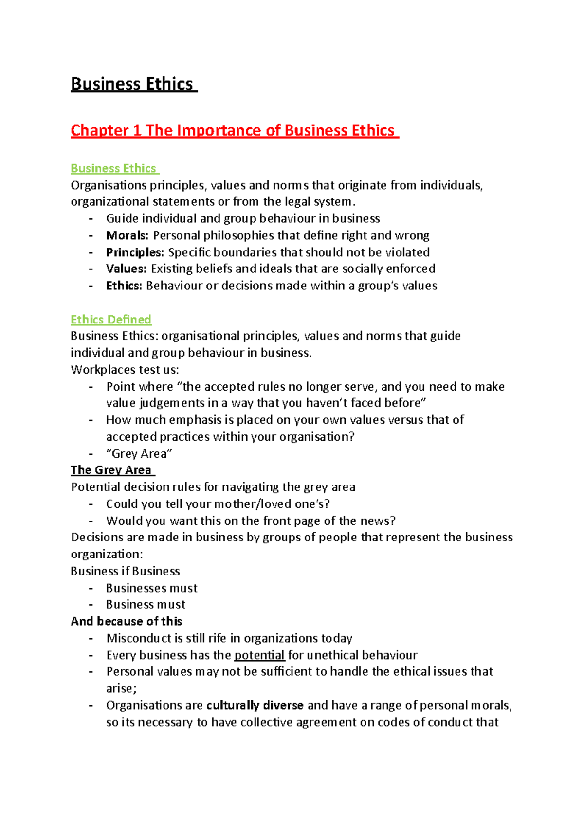 Business Ethics - Notes - Business Ethics Chapter 1 The Importance Of ...