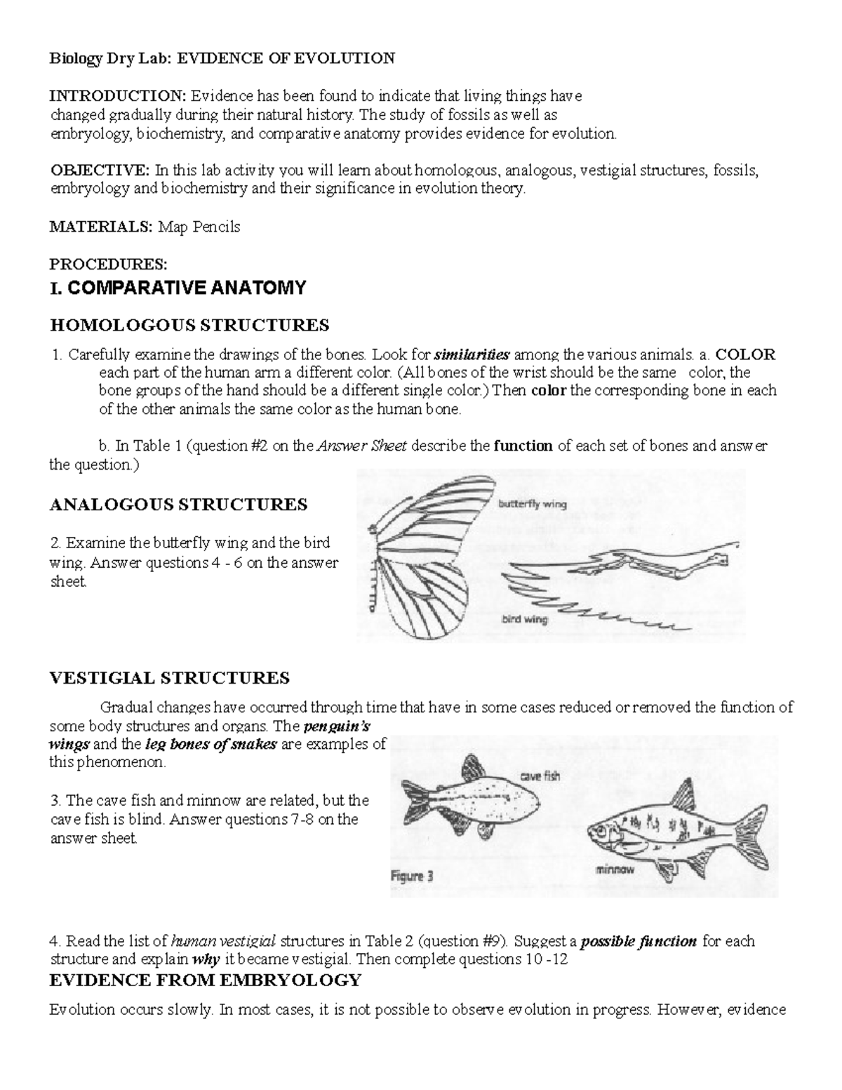 BIO Evidence For Evolution Activity Biology Dry Lab EVIDENCE OF 