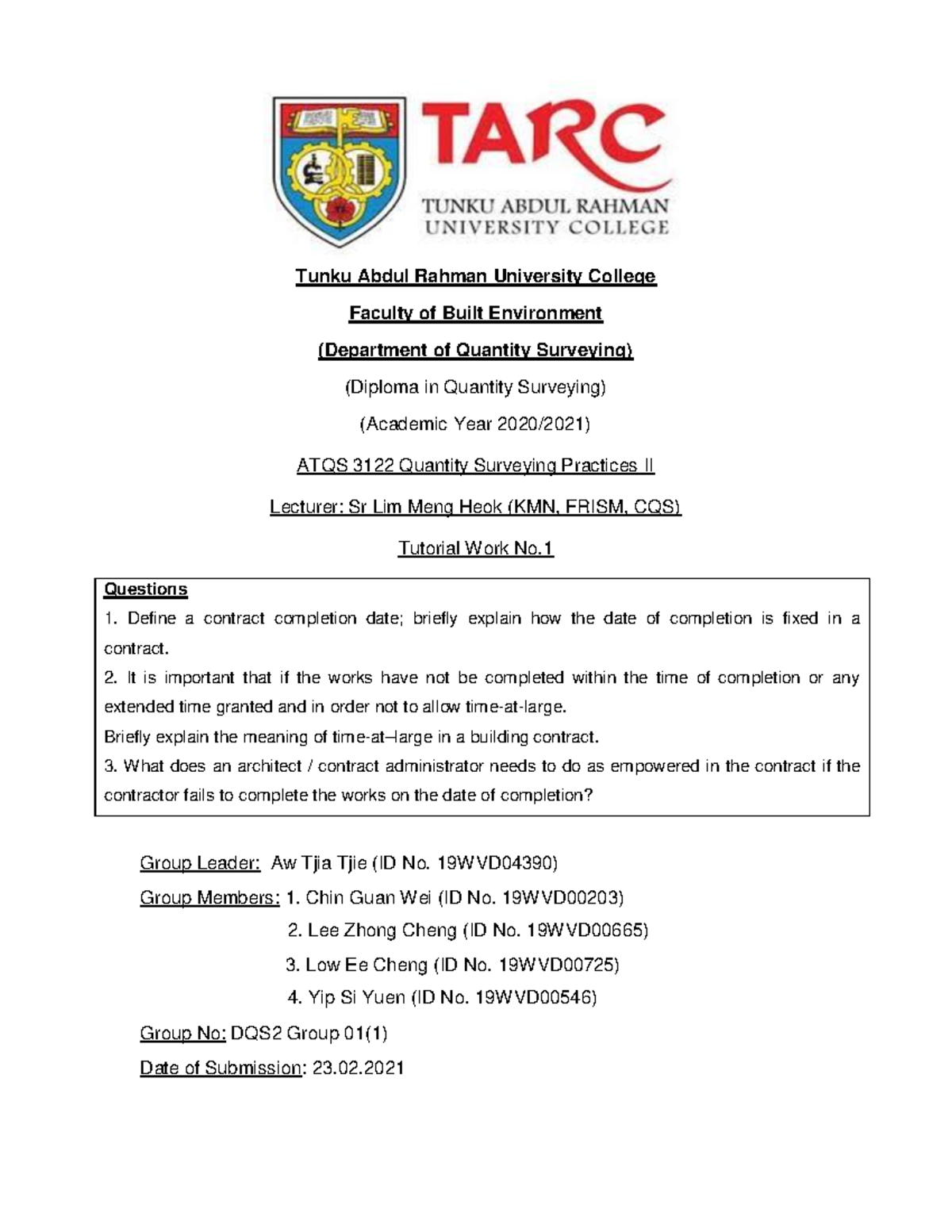 DQS2 G01(1) Tutorial 4 - Tunku Abdul Rahman University College Faculty ...
