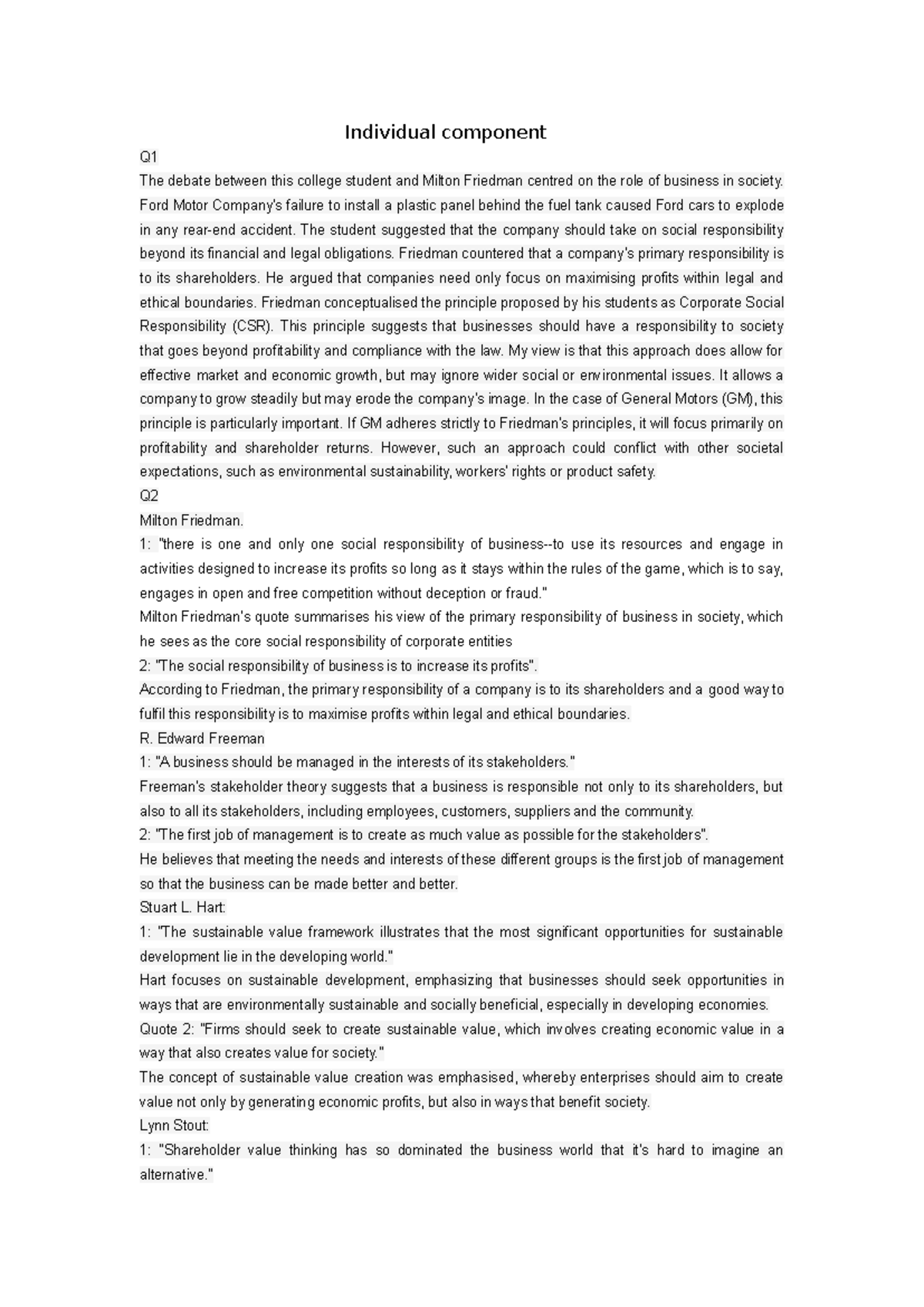 Workshop 1 individual part - Individual component Q The debate between ...