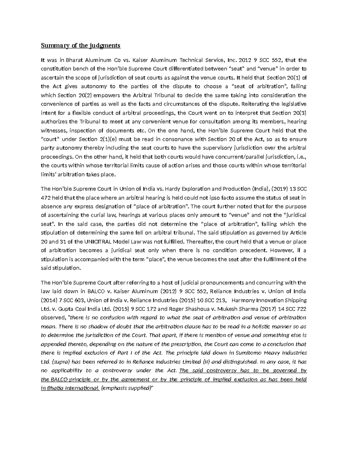 Summary of the judgments Arbitration Summary of the judgments It