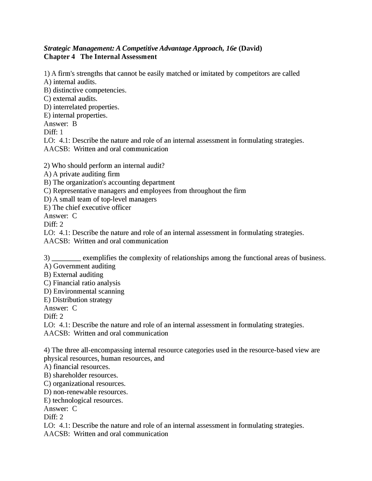 Doc - Test Bank - Strategic Management: A Competitive Advantage ...