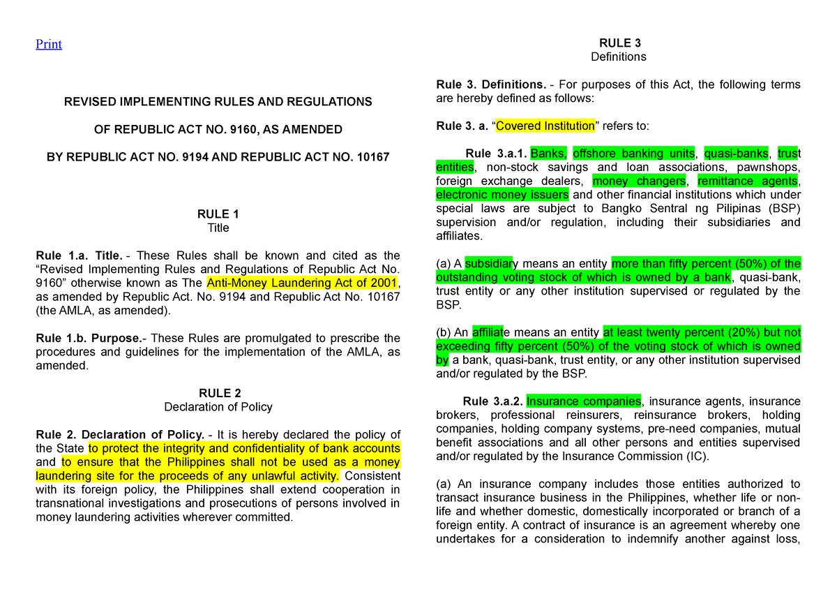 AMLA - LAW - Print REVISED IMPLEMENTING RULES AND REGULATIONS OF ...