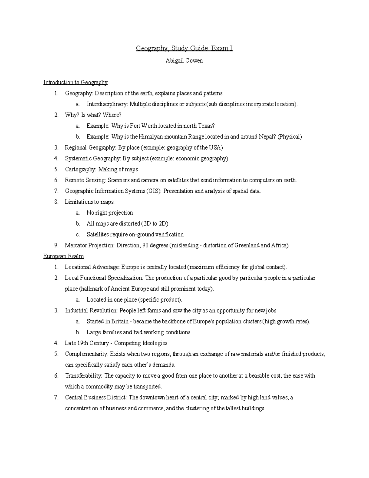 Geography Exam I2 Study guide all terms needed to know for exam 1