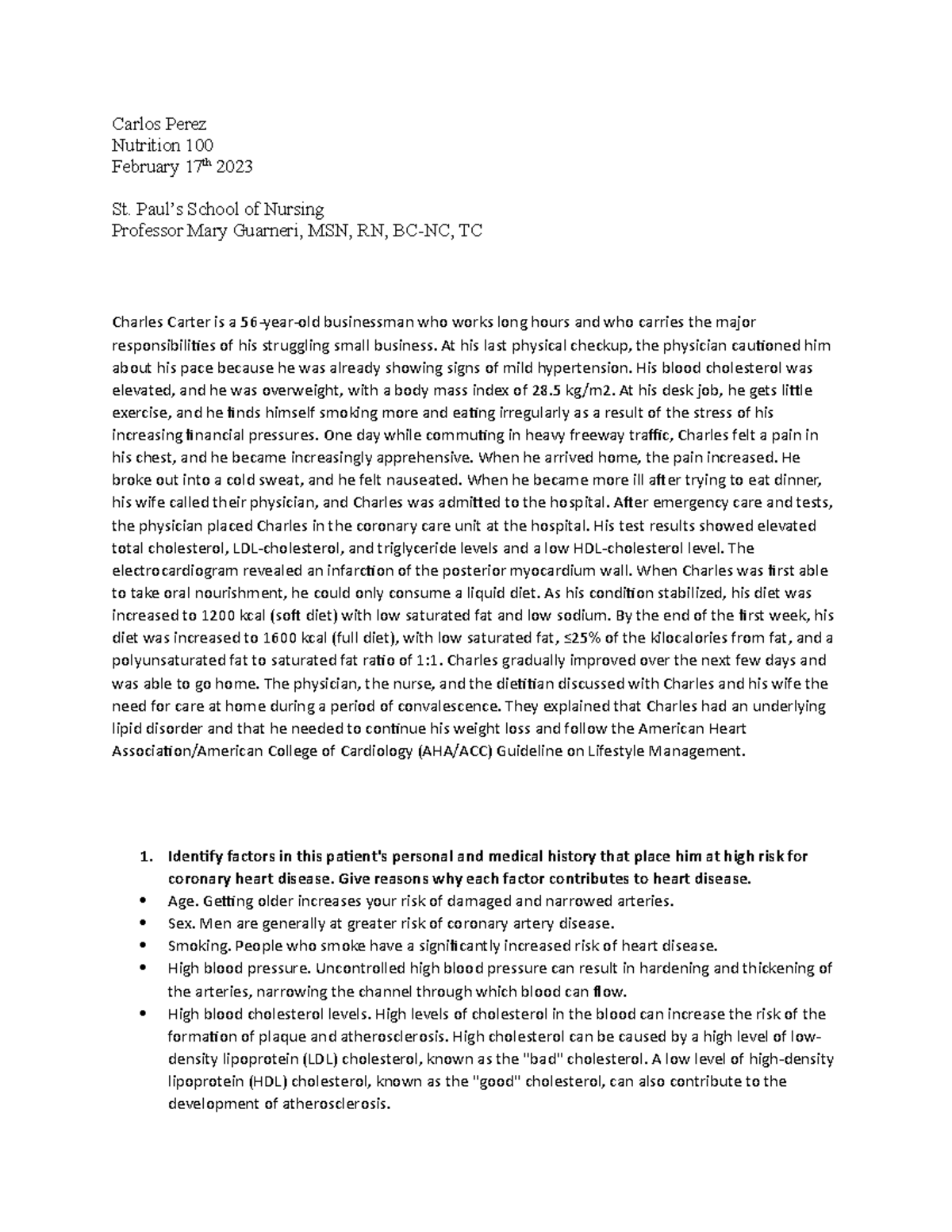 Nutrition Hw #3 (cardiac Case Study) - Carlos Perez Nutrition 100 