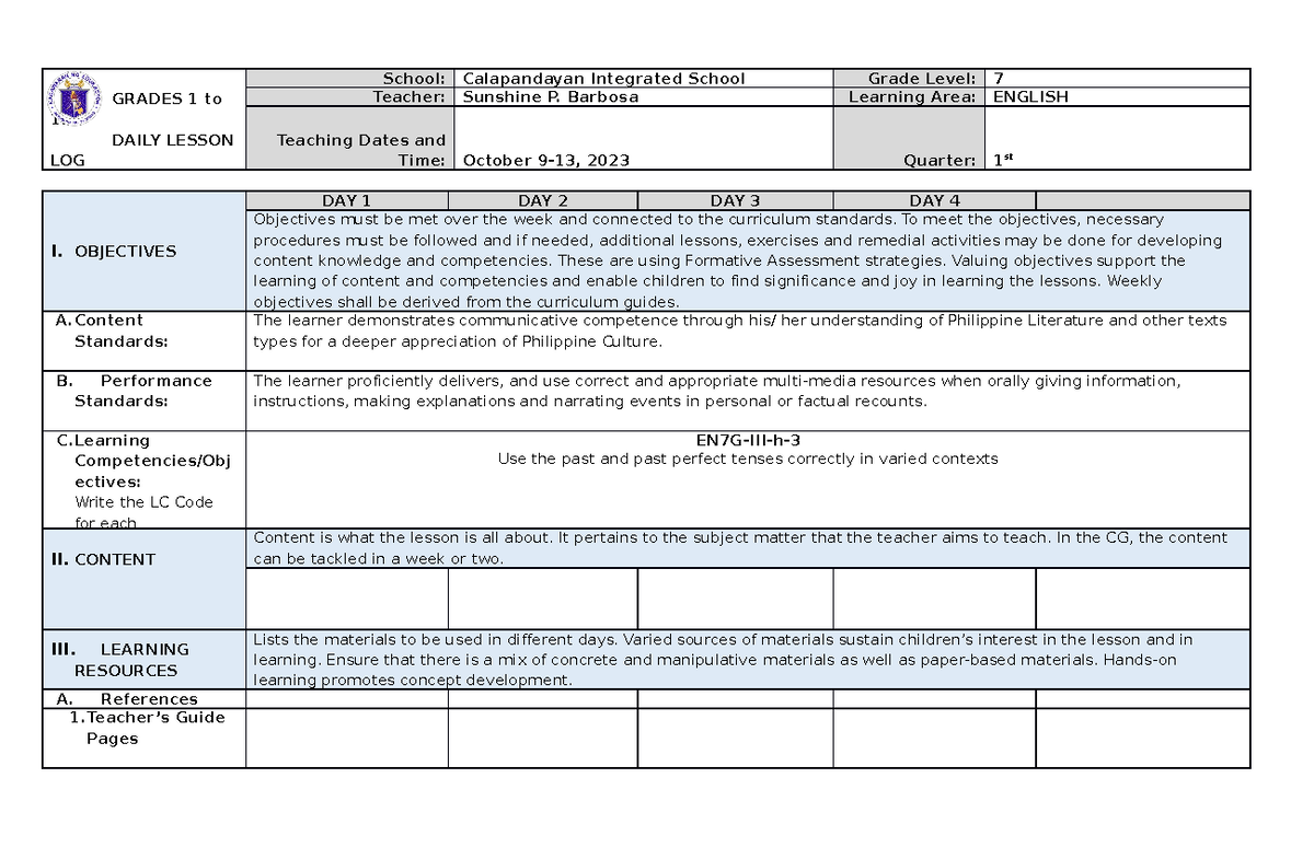 Dll 7 Q1 W7 Oct. 9-13, 2023 - Grades 1 To 12 Daily Lesson Log School 