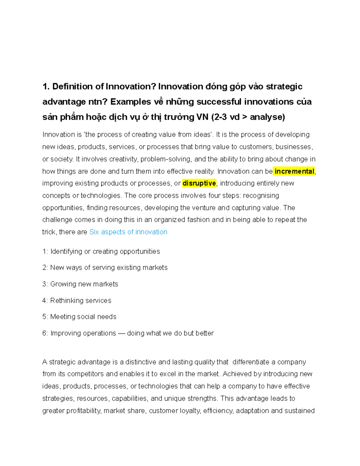 Note - Lecture notes - 1. Definition of Innovation? Innovation đóng góp ...