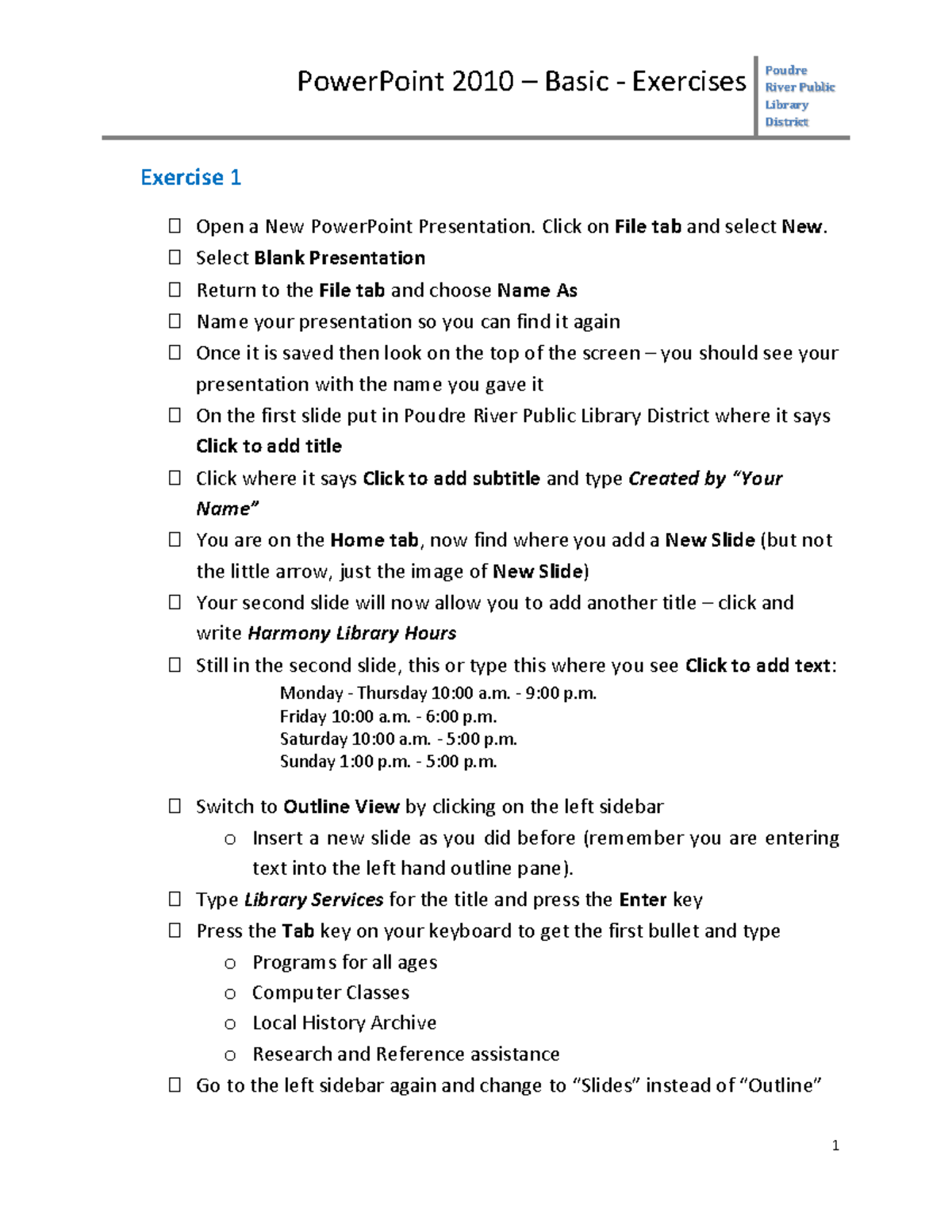 Powerpoint 1-exercises - PowerPoint 2010 – Basic - Exercises Poudre ...