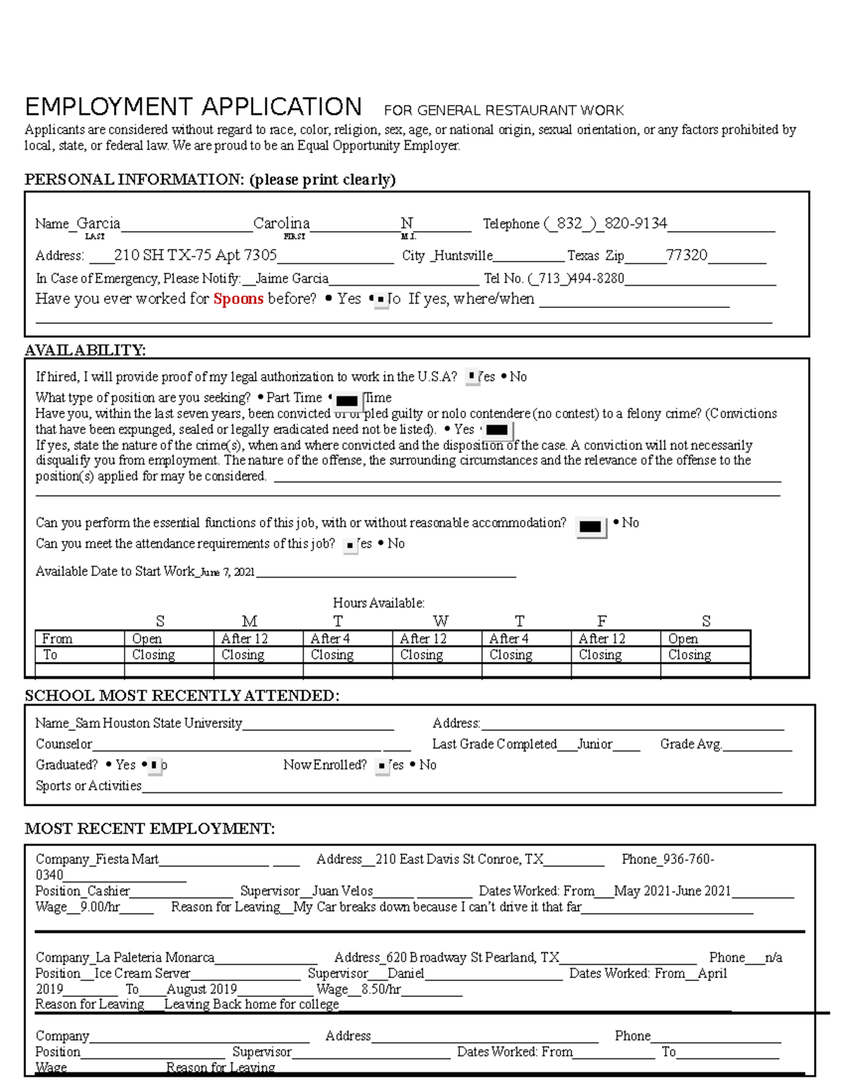 Spoons Application doc EMPLOYMENT APPLICATION FOR GENERAL RESTAURANT WORK Applicants are Studocu