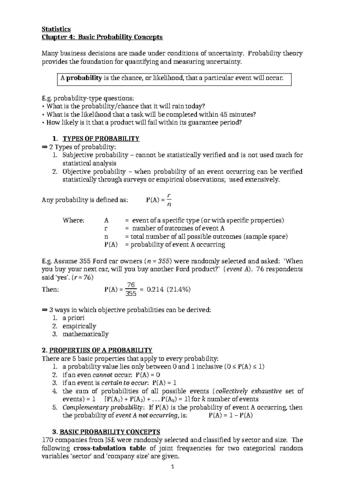 Chapter 4 Notes - Probability - Statistics Chapter 4: Basic Probability ...