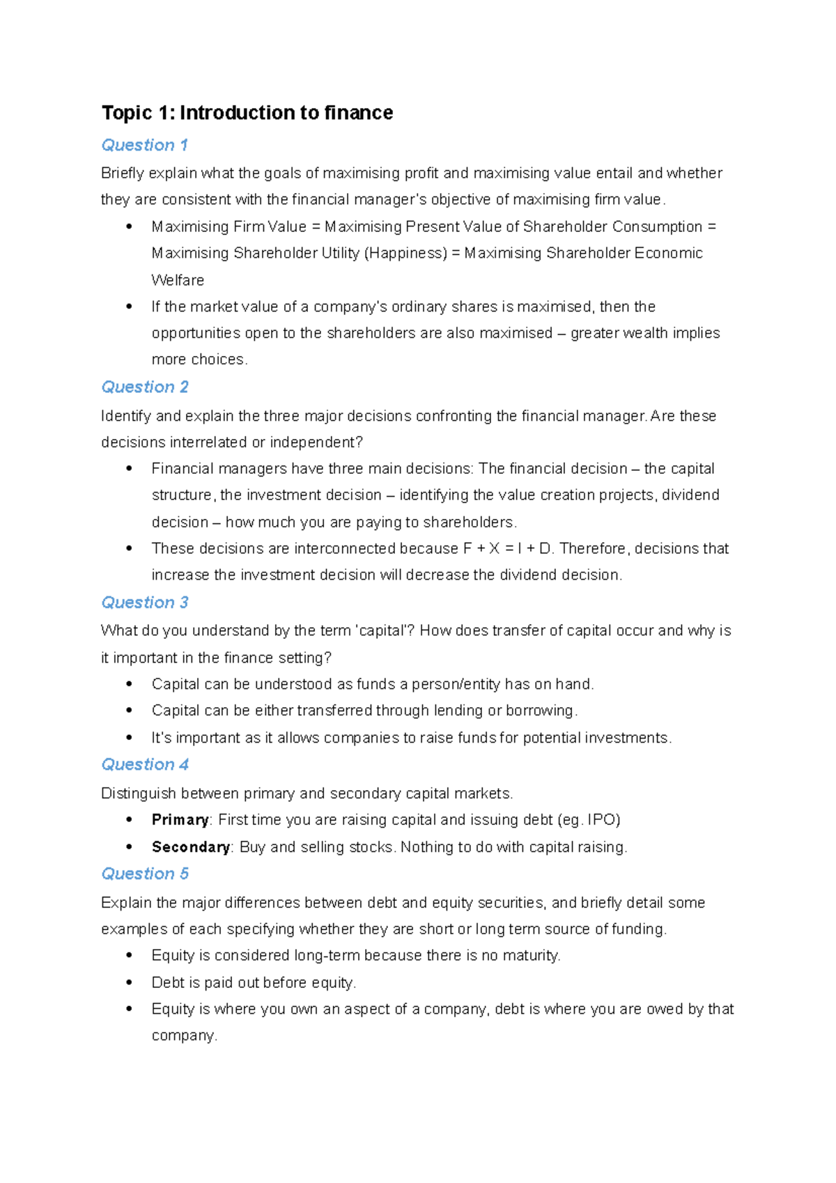 EFB210 Finance 1 Quiz Notes - Topic 1: Introduction to finance Question ...
