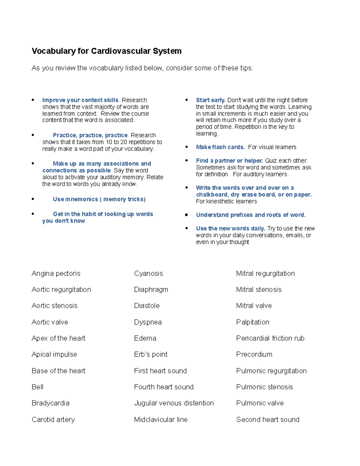 cardiovascular system pathological vocabulary assignment