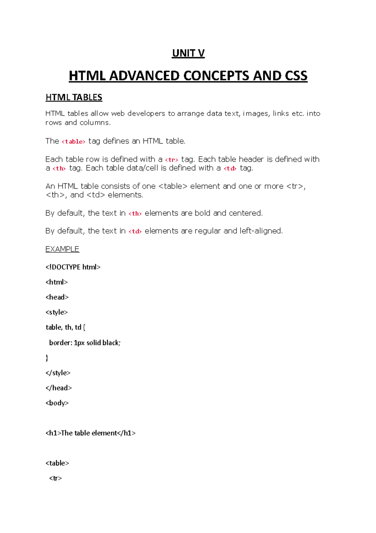 UNIT V HTML html advanced concepts and css - UNIT V HTML ADVANCED ...