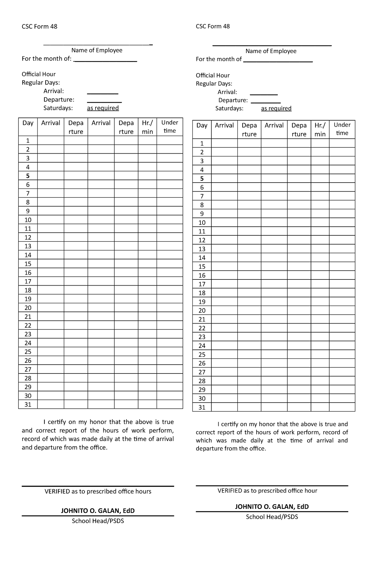 Form 48 DTR 1 - Noting - CSC Form 48 Name of Employee For the month of