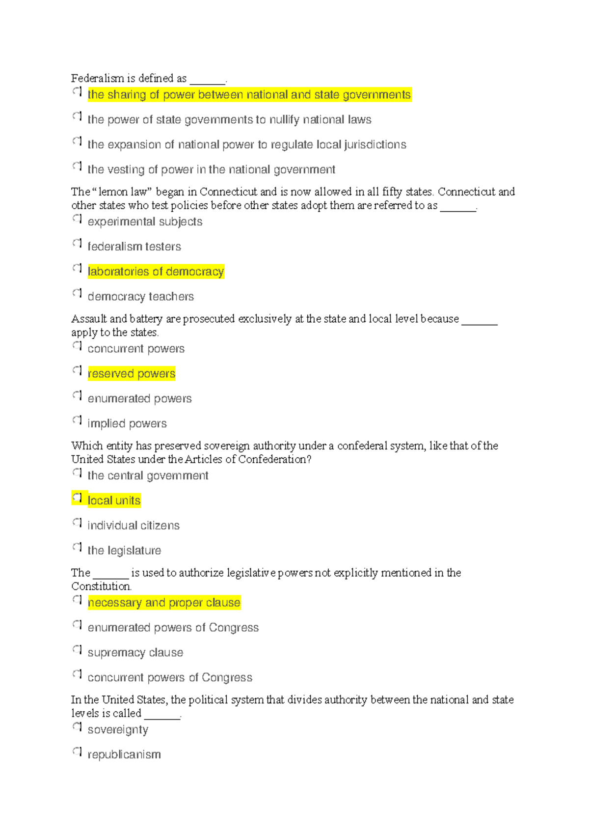 assignment 3. quiz 1 federal government