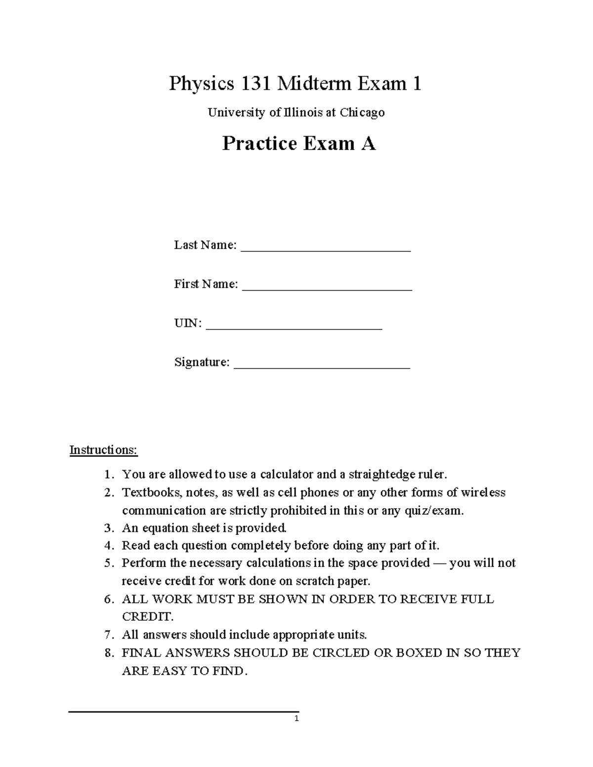 Practice Midterm 1A - Physics 131 Midterm Exam 1 University of Illinois ...