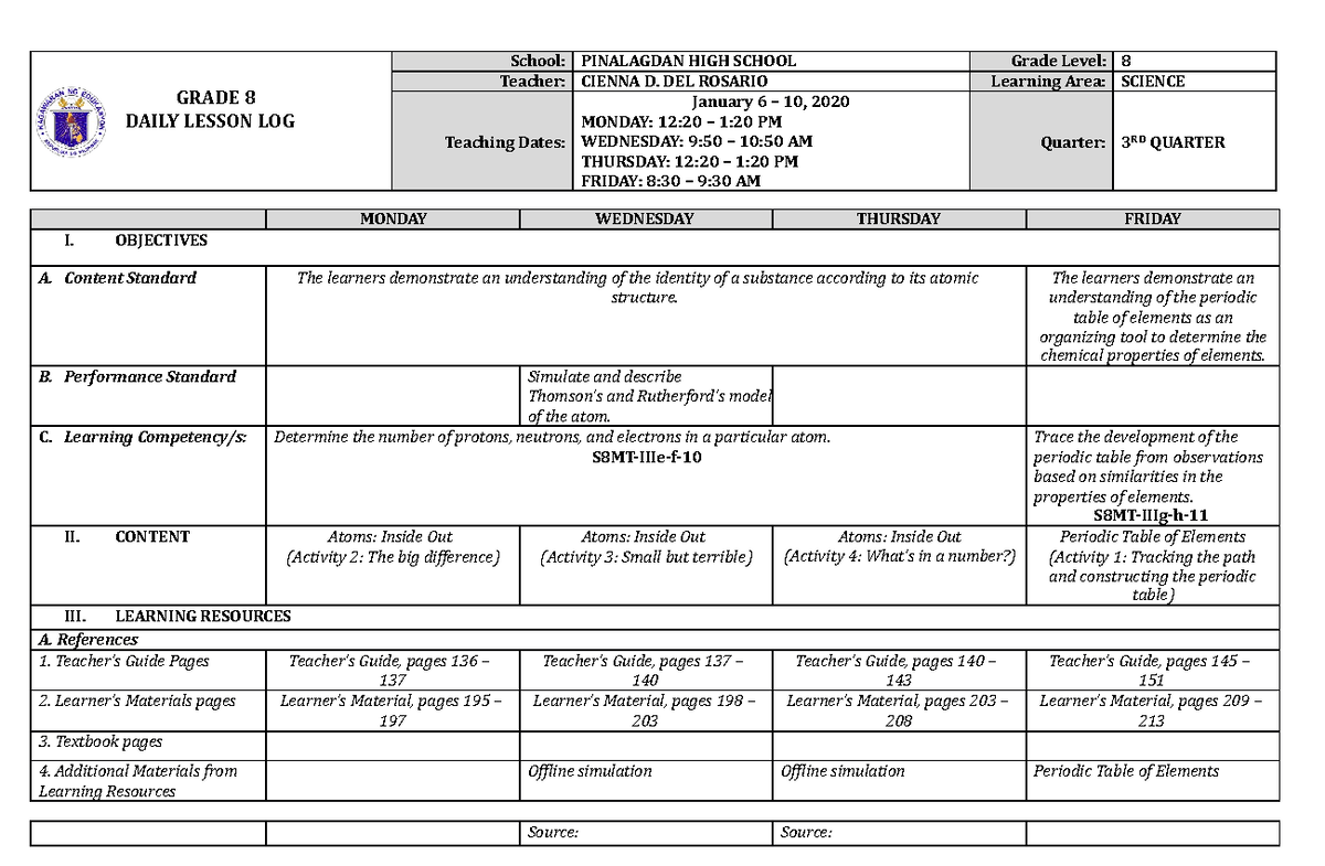 Grade 8 dll week 9 for science - GRADE 8 DAILY LESSON LOG School ...