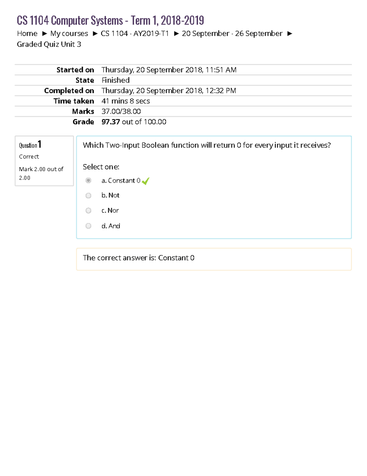 CS 1104 Graded Quiz Unit 3 - Home My courses CS 1104 - AY2019-T1 20 ...